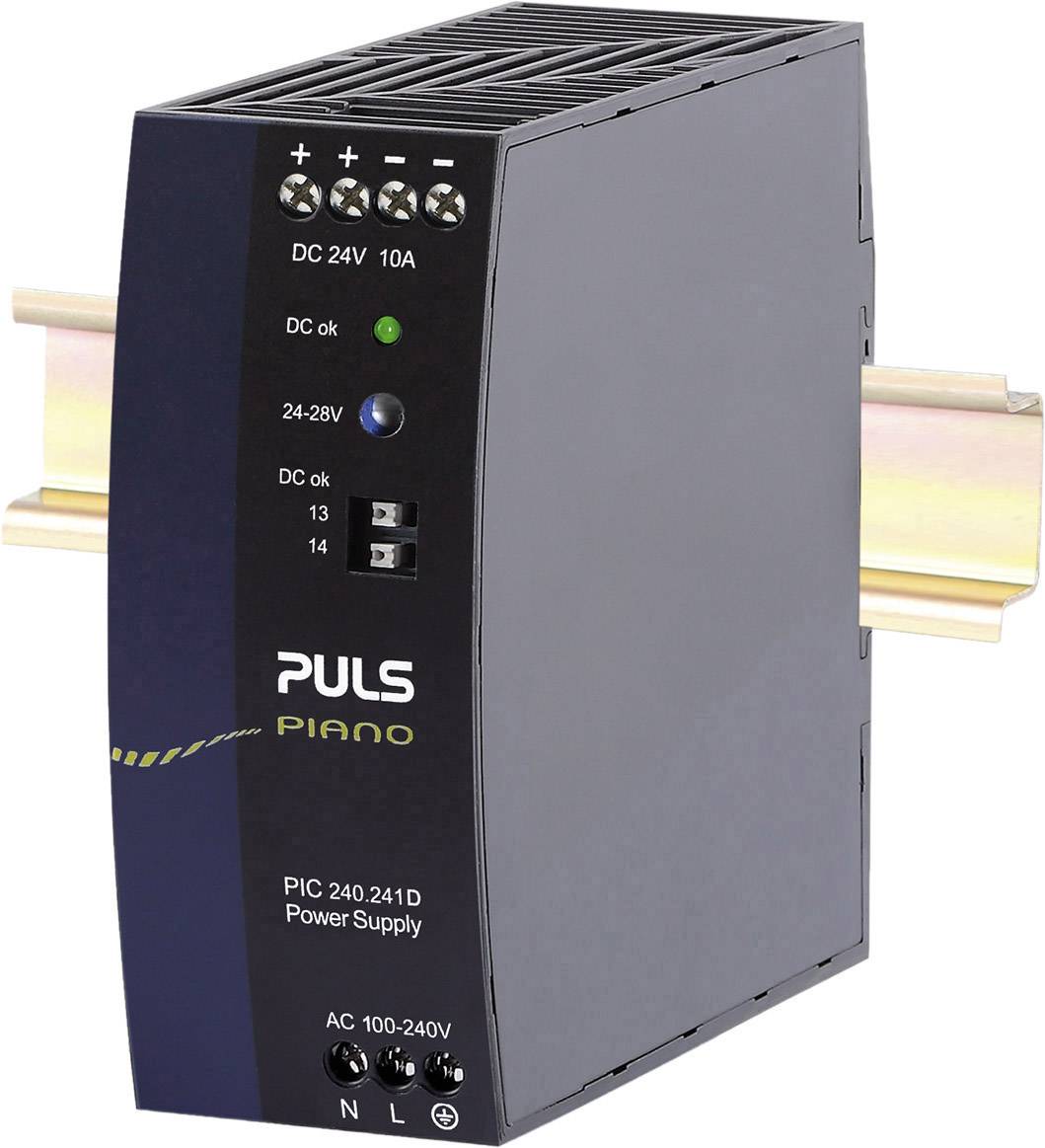 Industrial power supply unit for DIN rail, brand Puls, model Piano PIC240. LED indicators for DC 24V, 10A. Voltage input AC 100-240V.