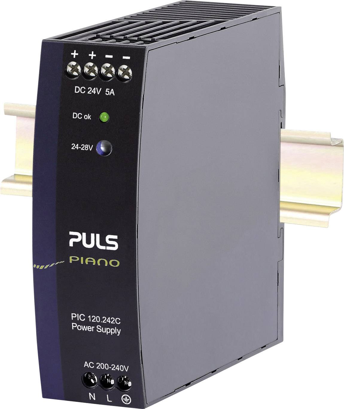 A PULS power supply unit, PIANO model, mounted on a DIN rail. It provides DC 24V at 5A. Suitable for AC 200-240V.