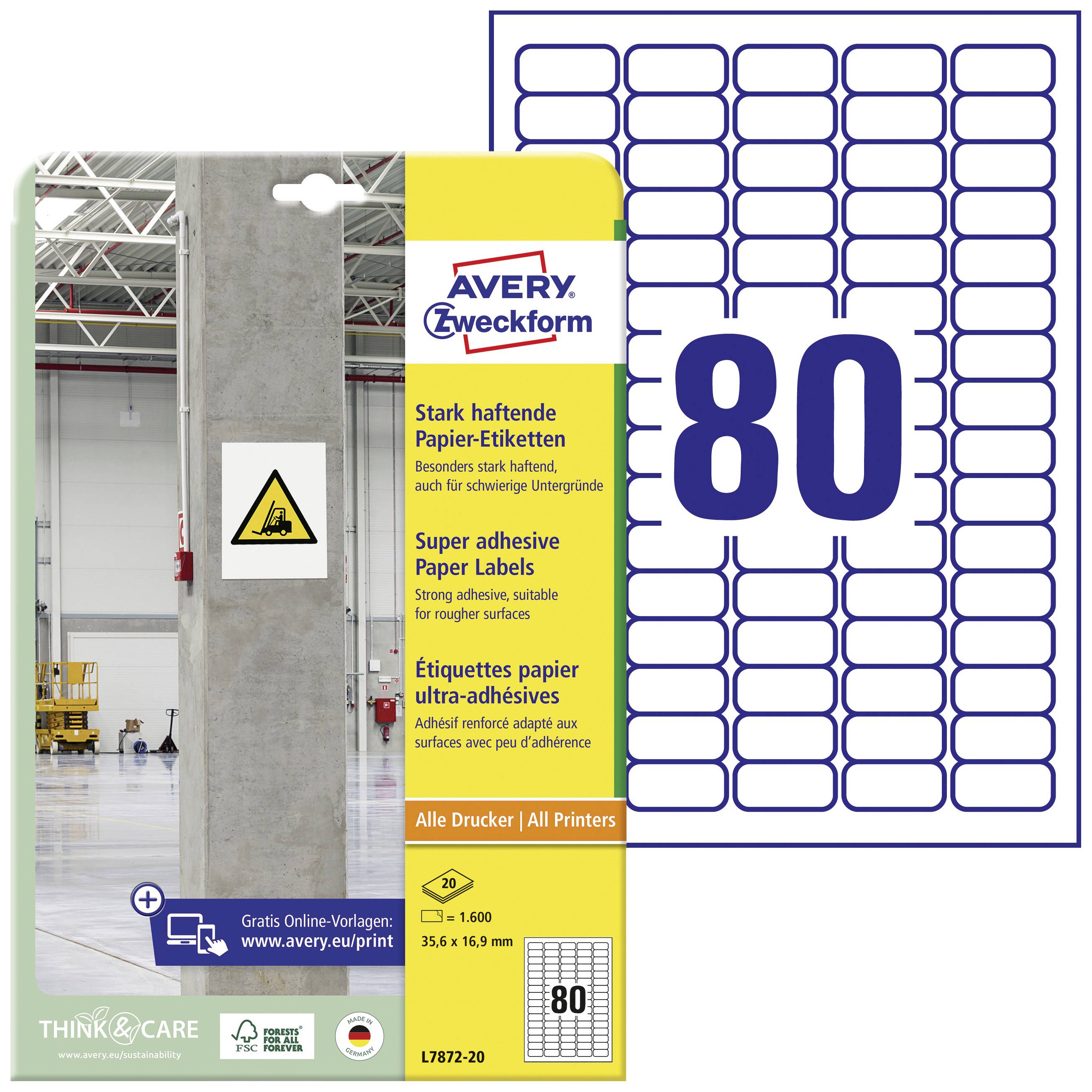 Label with text 'Avery Zweckform Super Adhesive Paper Labels'. Template shows 80 labels. Interior image of industrial site.