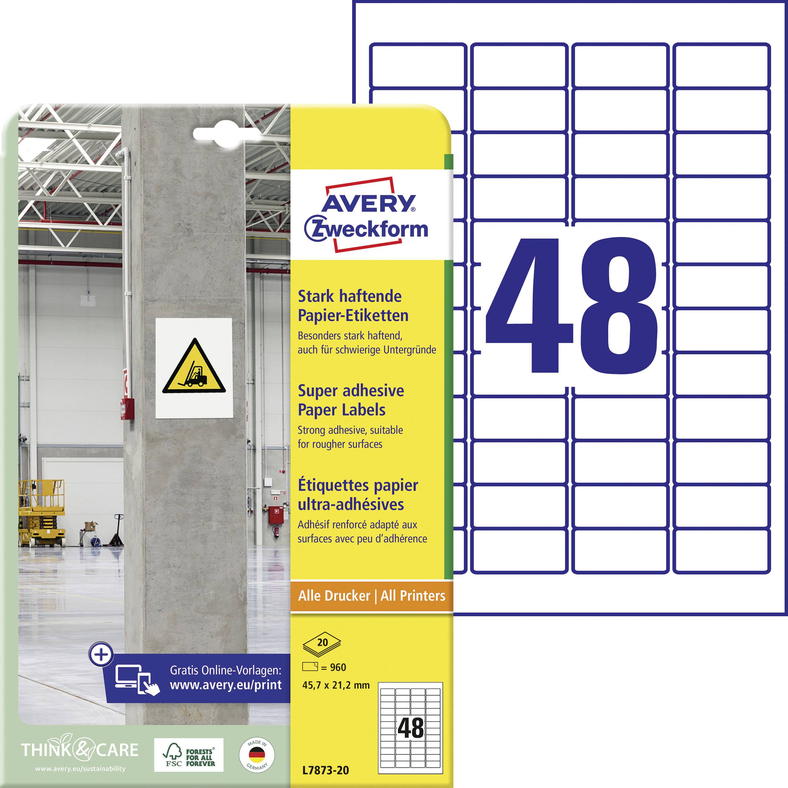 'Label sheet with 48 self-adhesive paper labels. Suitable for all printers. Product packaging states 'super sticky'.'