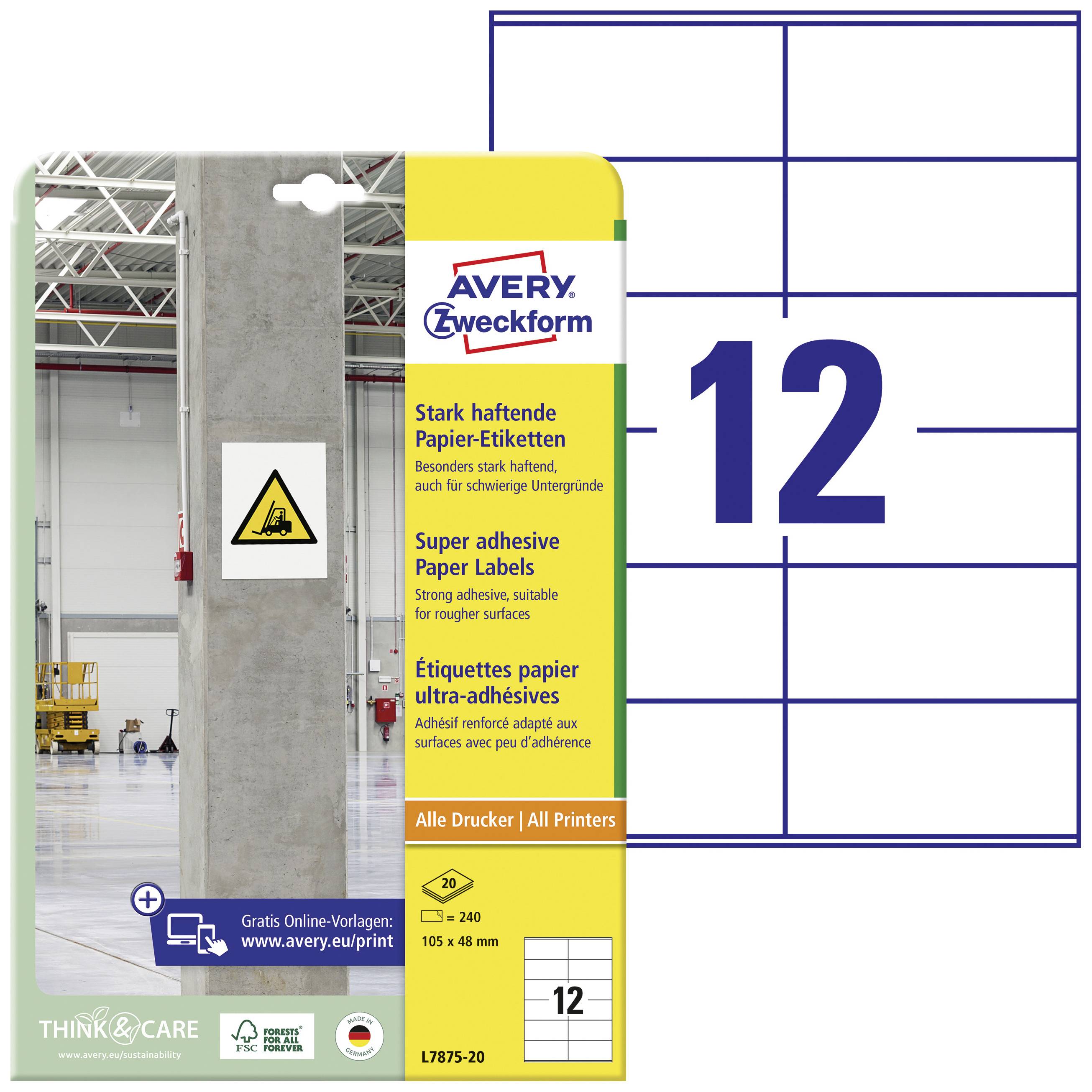 'AVERY Zweckform' Super Adhesive Paper Labels for All Printers. Packaging shows building column with warning sign. Sheet layout with 12 labels per page.