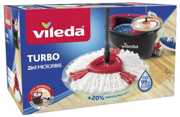 Vileda Turbo 2in1 Microfibre spin mop and bucket cleaning set shown on product packaging, highlighting pedal-activated spin wringer and over 99% bacteria removal claim.