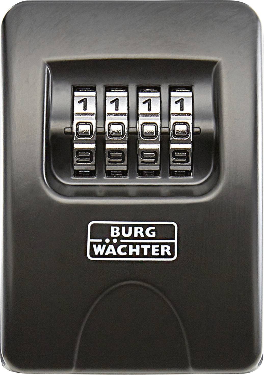 Black-grey number lock with four-digit combination of '1111', brand label 'Burg Wächter' on the front.A black and grey combination padlock with a four-digit code set to '1111', featuring the 'Burg Wächter' brand label on its front.