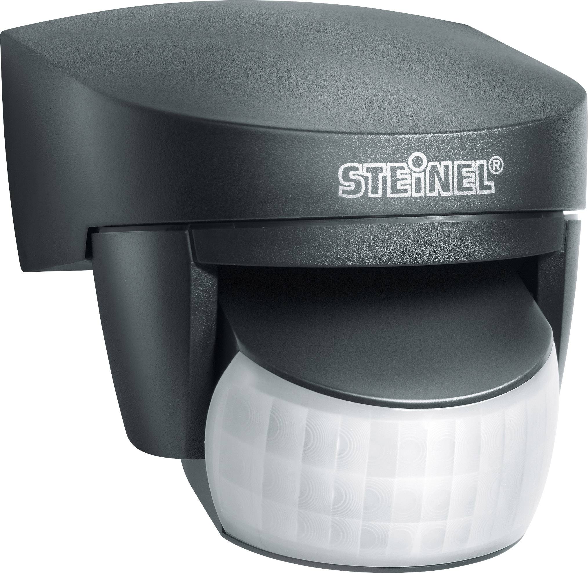 Motion sensor in a plastic housing by Steinel. Suitable for mounting on house walls to detect movement and control lighting.