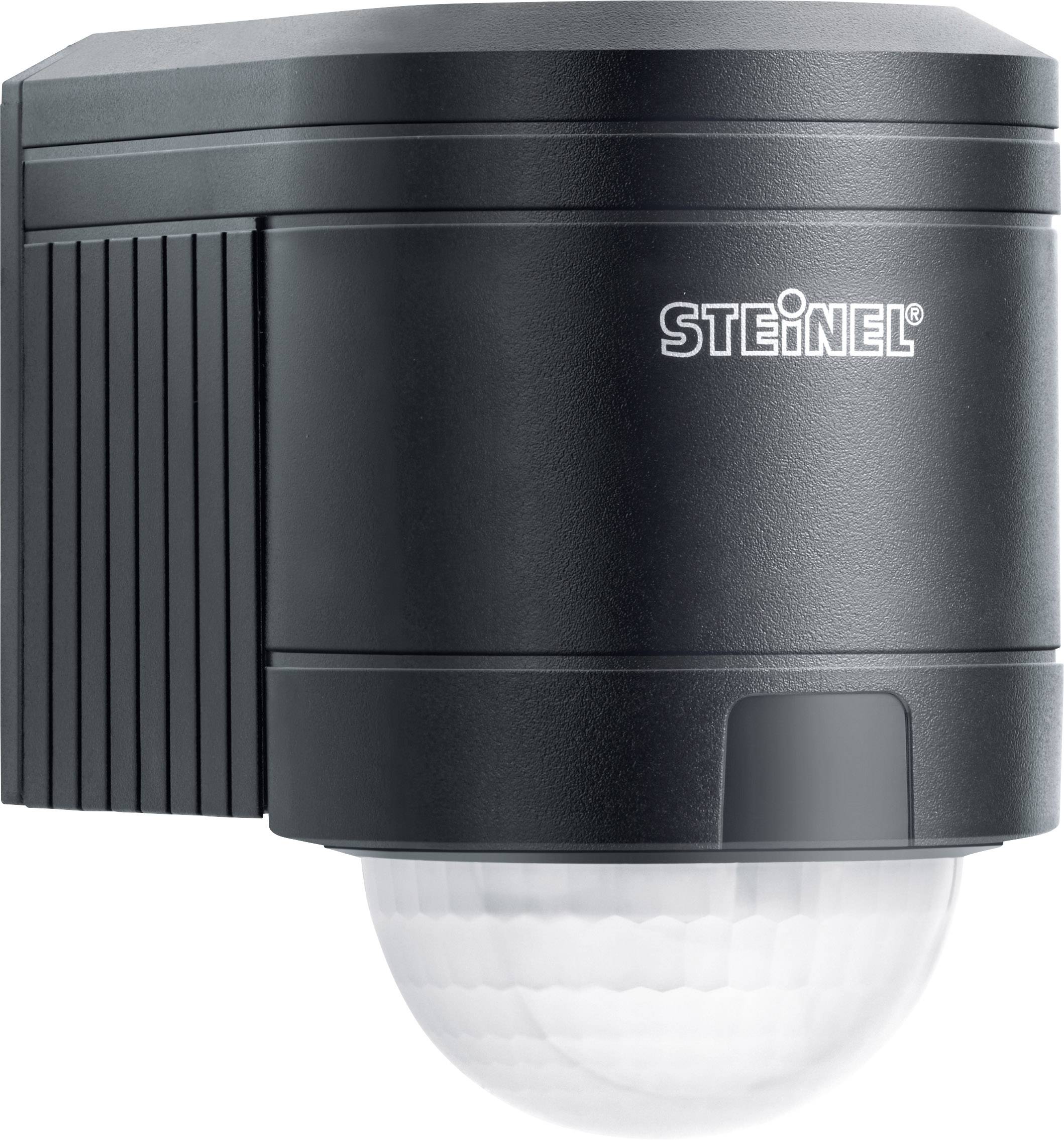 A black motion sensor by Steinel, mounted on the wall.
