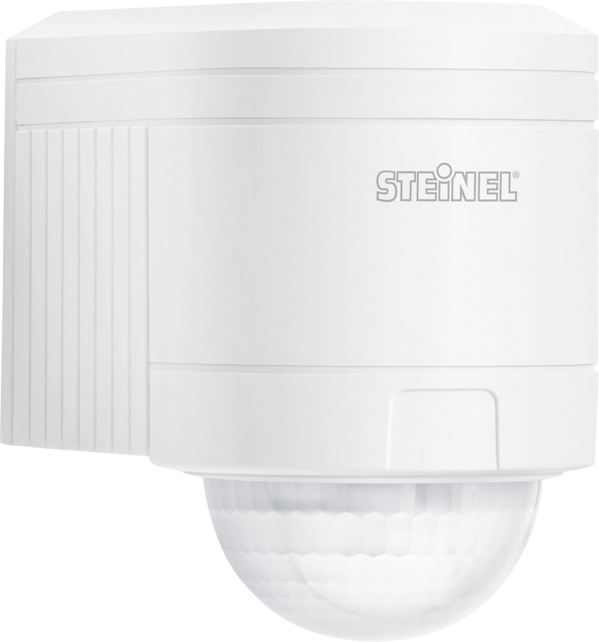 A white motion sensor by Steinel with a rounded sensor cover. Ideal for monitoring interior or exterior areas.