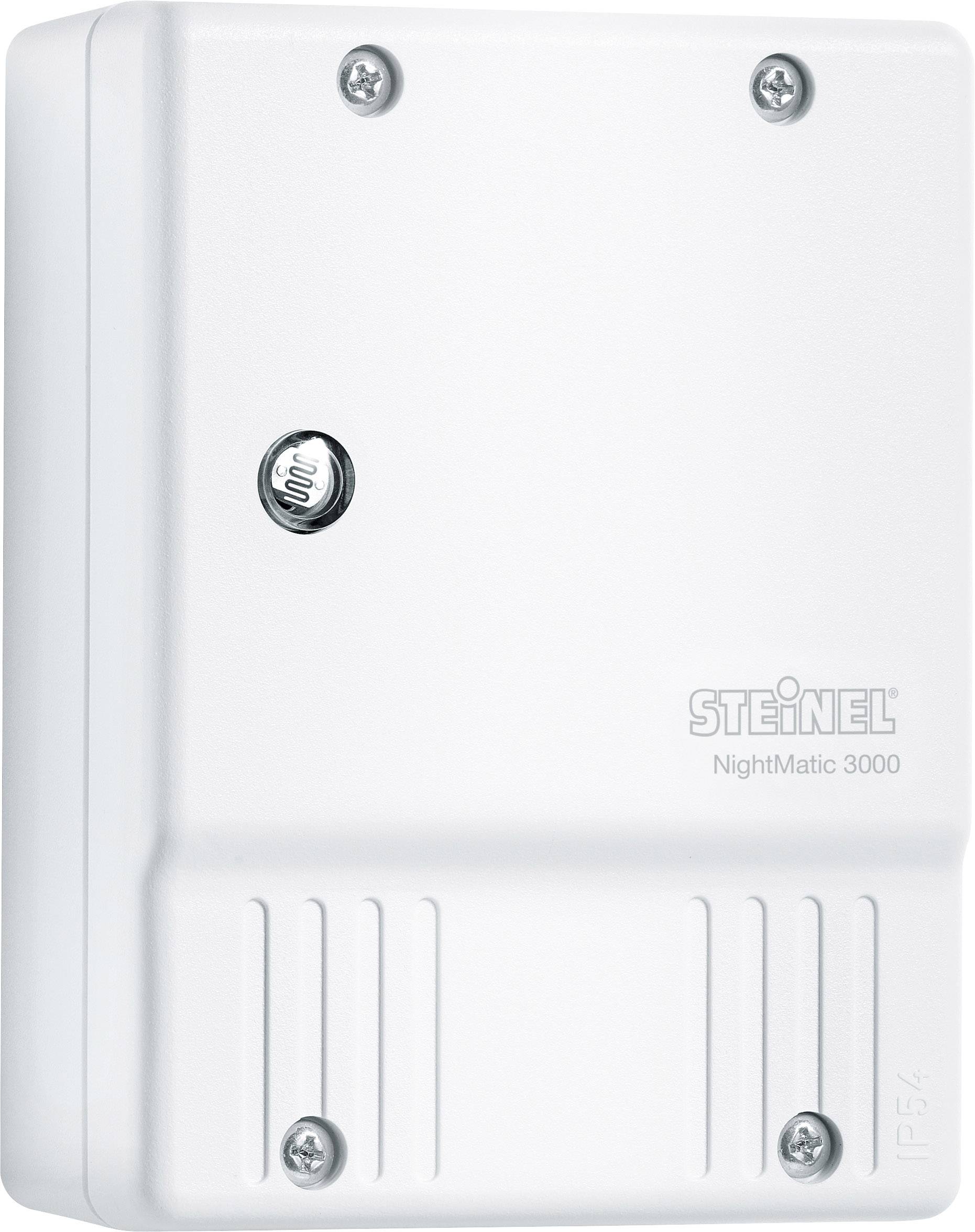 White plastic housing of a lighting control device 'Steinel NightMatic 3000', with four screws and a light sensor.