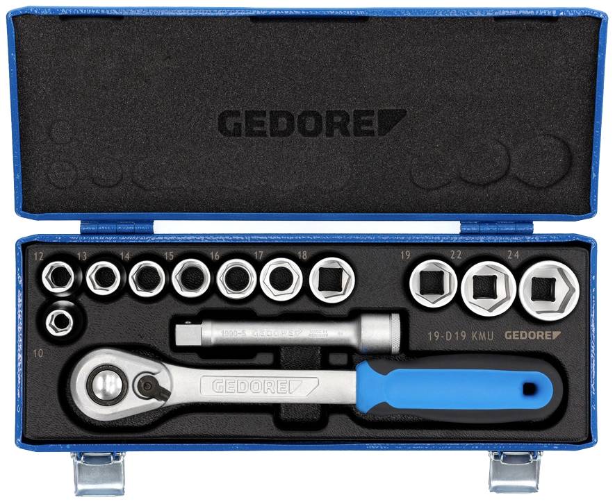 Toolbox with blue handle, containing ratchet, extension and sockets in various sizes. Brand 'Gedore'.Translation to British English:Tool kit with blue handle, comprising a ratchet, extension bar and socket set in multiple sizes. Brand 'Gedore'.