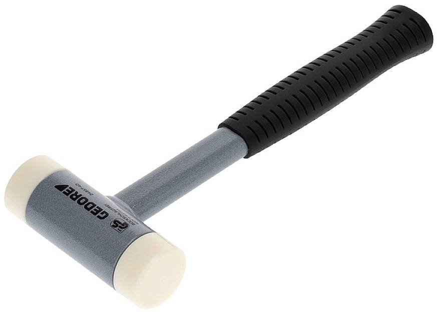 Plastic hammer with a black handle. Green rubber sides on the head.