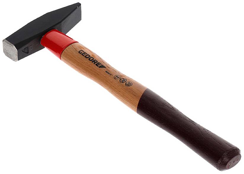 A hammer with a wooden handle and a black, rectangular head. The handle is painted red and bears the 'GEDORE' inscription.