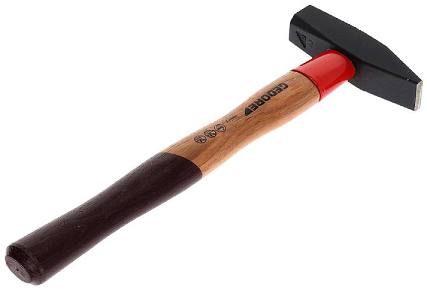 A hand hammer with a wooden handle and a black metal head, suitable for construction or DIY work.