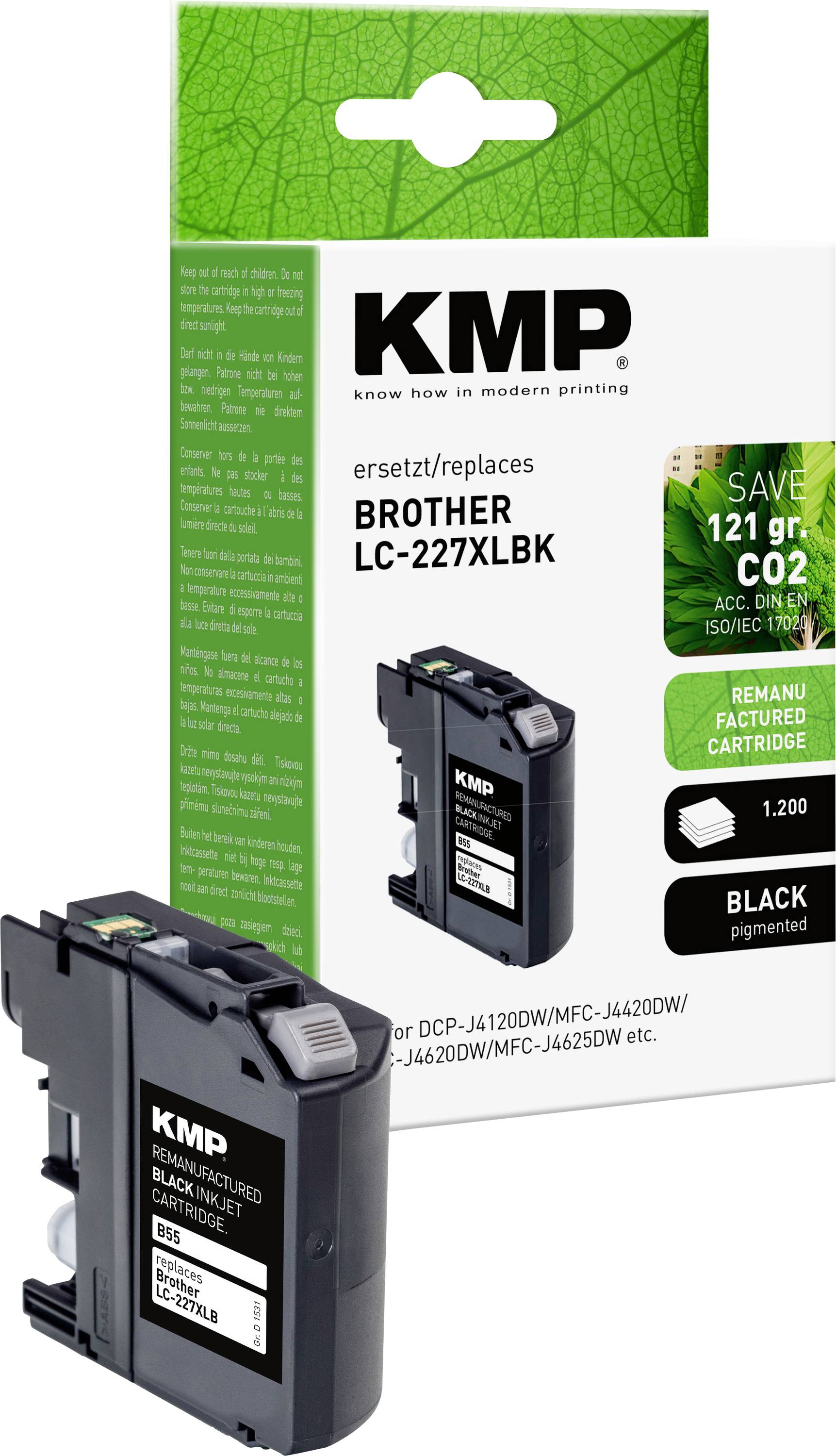 Black printer cartridge for Brother printer, model LC-227XLBK, by KMP. Packaging indicates CO2 savings of 121 g.