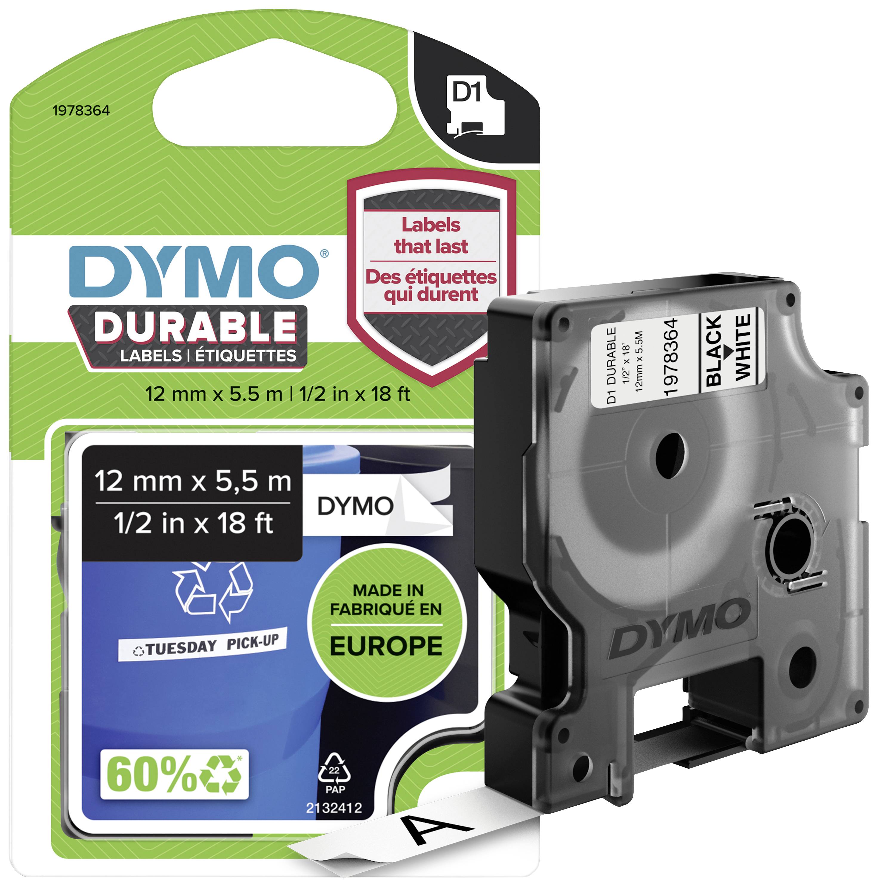 A DYMO printer cartridge next to the packaging shows a 12 mm x 5.5 m label tape in black on white. Packaging emphasises durability.