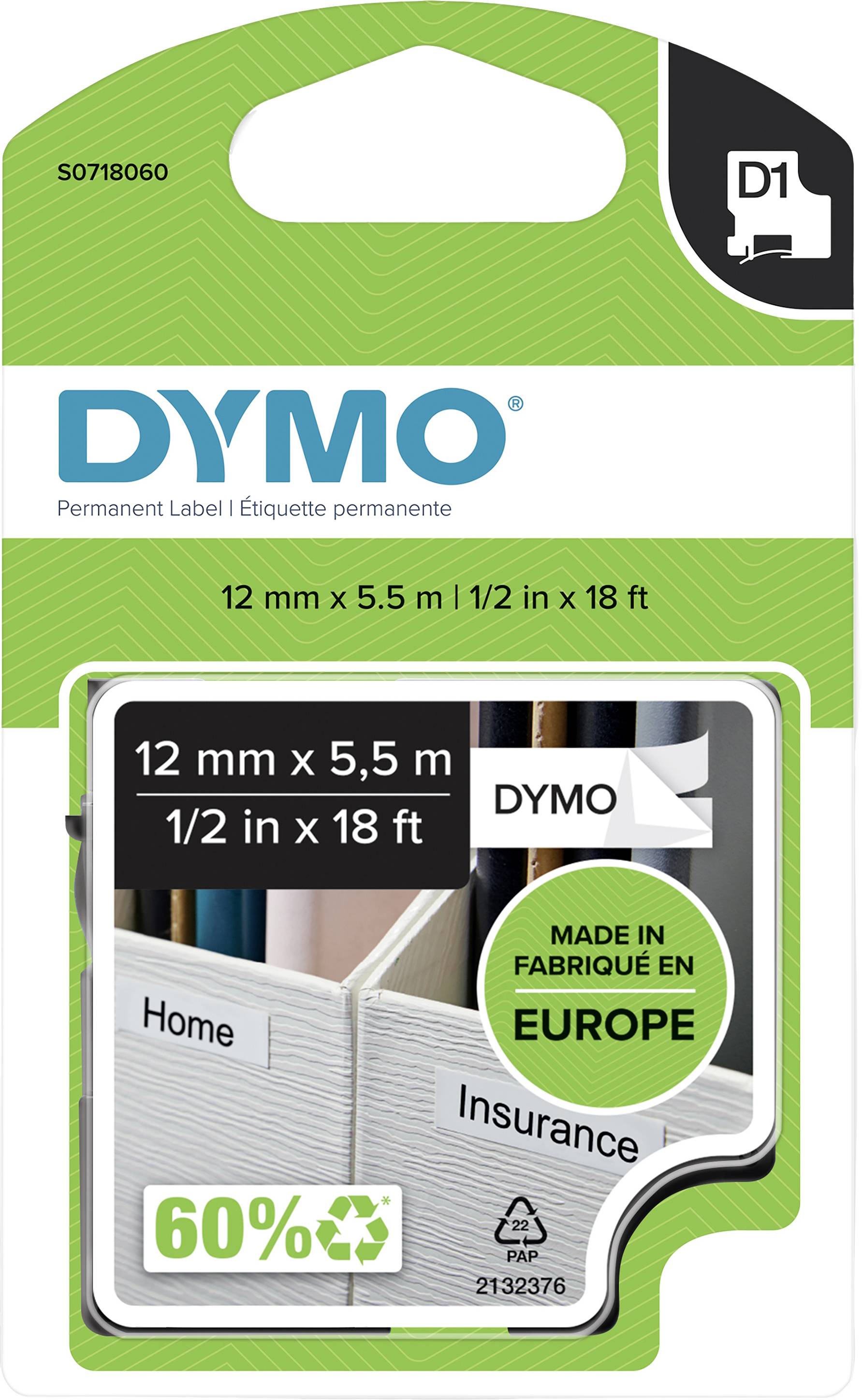 Packaging for Dymo label tape, 12 mm x 5.5 m, green, with recycling symbol. Inscription: '60% Recycling'. Manufactured in Europe.