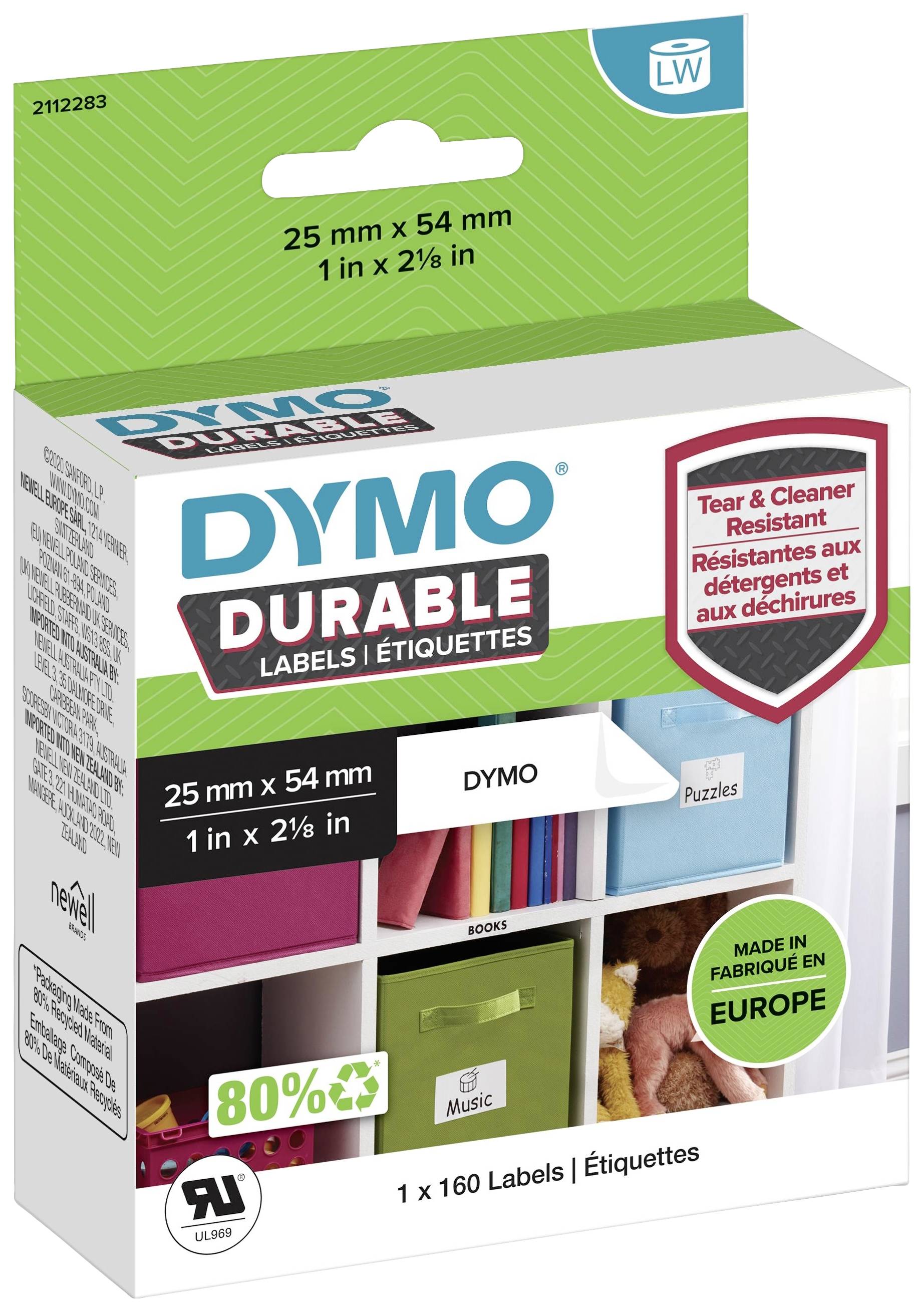 'DYMO Durable Labels' Packaging, 25 x 54 mm, 160 Labels, Cleaning Fluid Resistant, Made in Europe, 80% Recycled Material.
