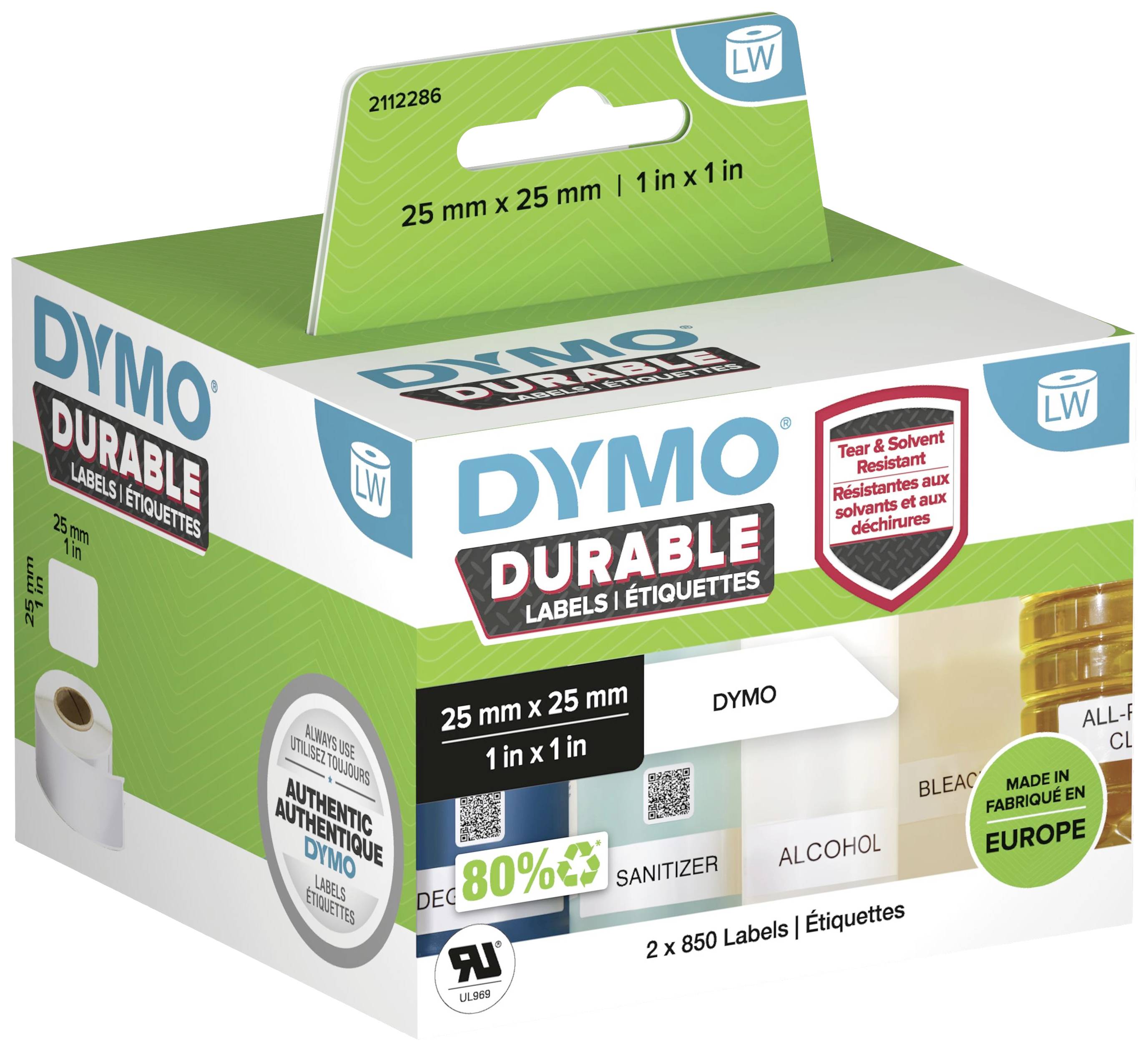 'DYMO Durable Labels' packaging, 25 mm x 25 mm labels, tear-resistant and solvent-resistant, suitable for various bottle types.