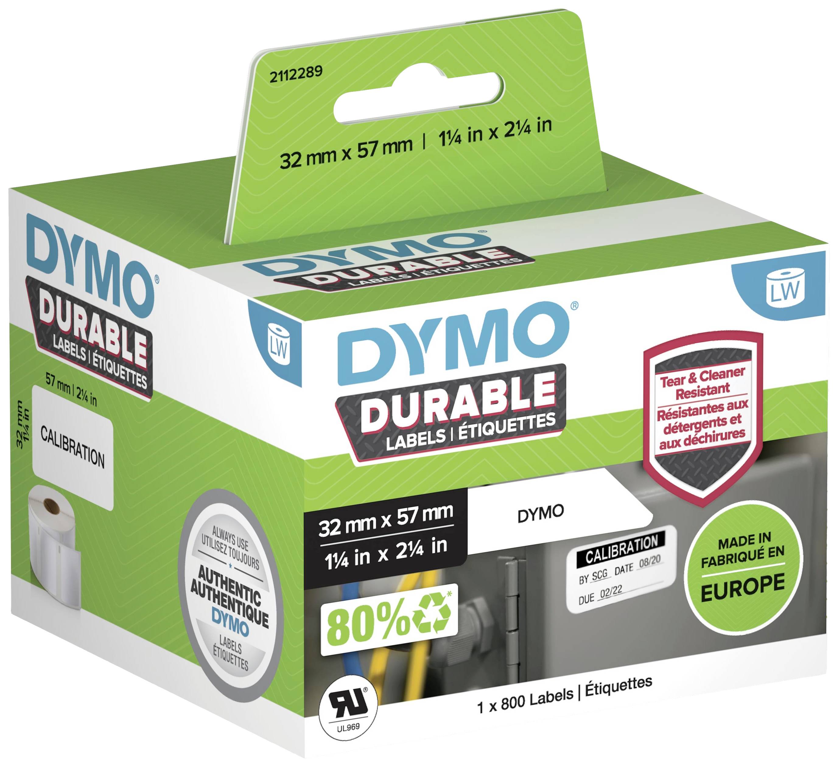 A pack of 800 durable Dymo labels, measuring 32mm x 57mm. Manufactured in Europe, ideal for rough surfaces.