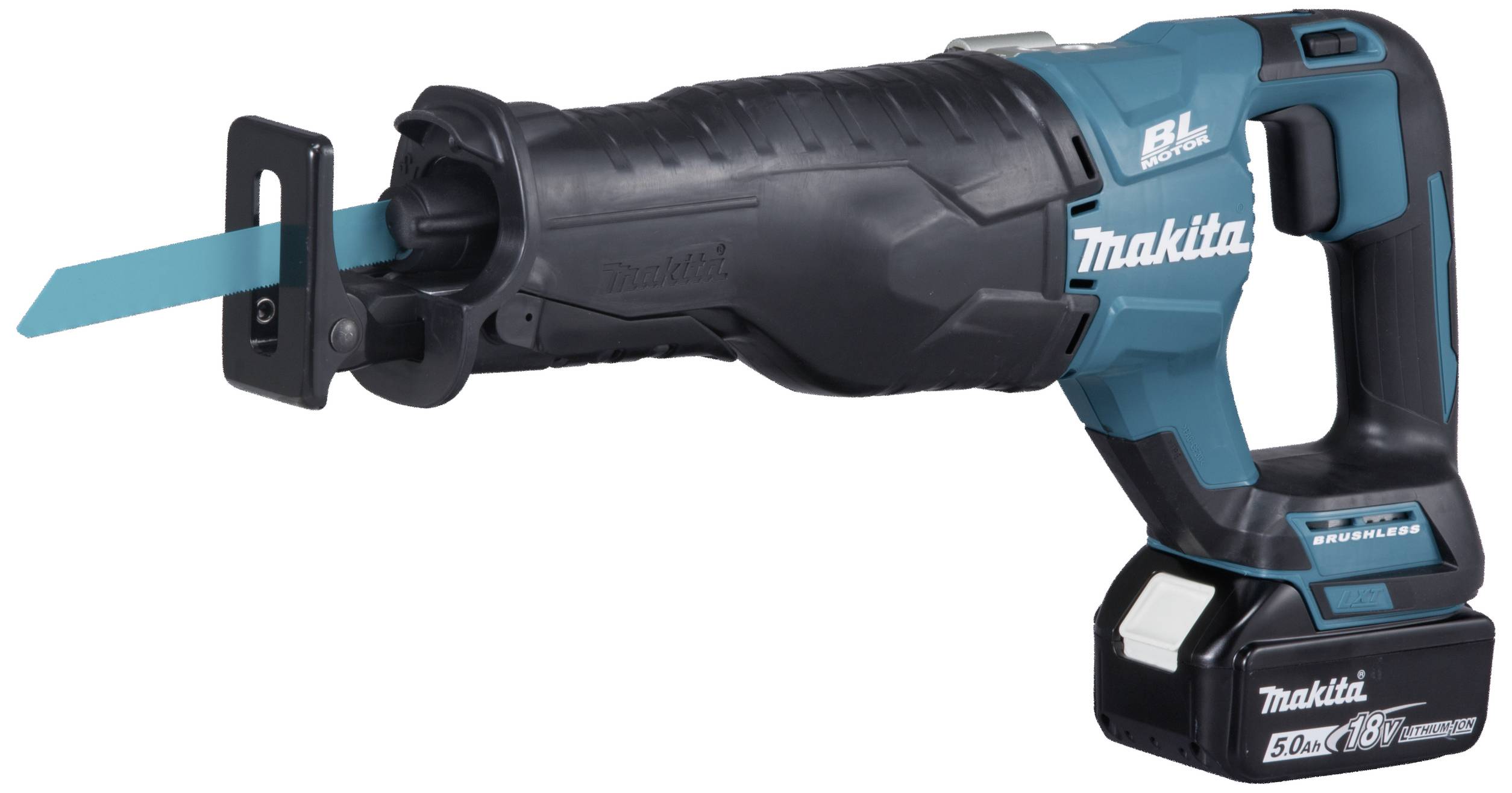 Battery-powered reciprocating saw with a blue saw blade and ergonomic handle, suitable for precise cutting in various materials.