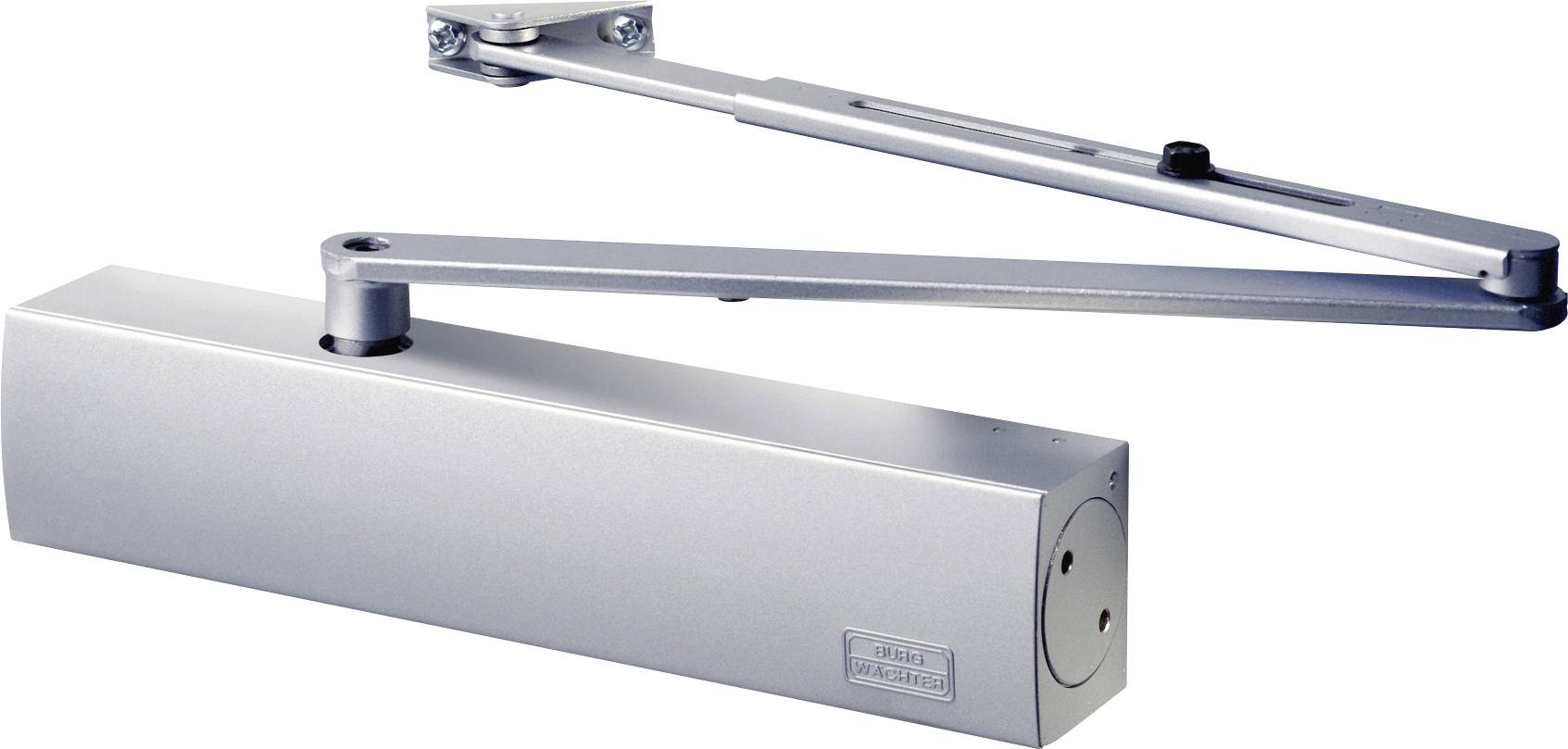Door closer made of silver-coloured metal with a pivoting arm, mountable on doors for automatic closing, providing safety and convenience.