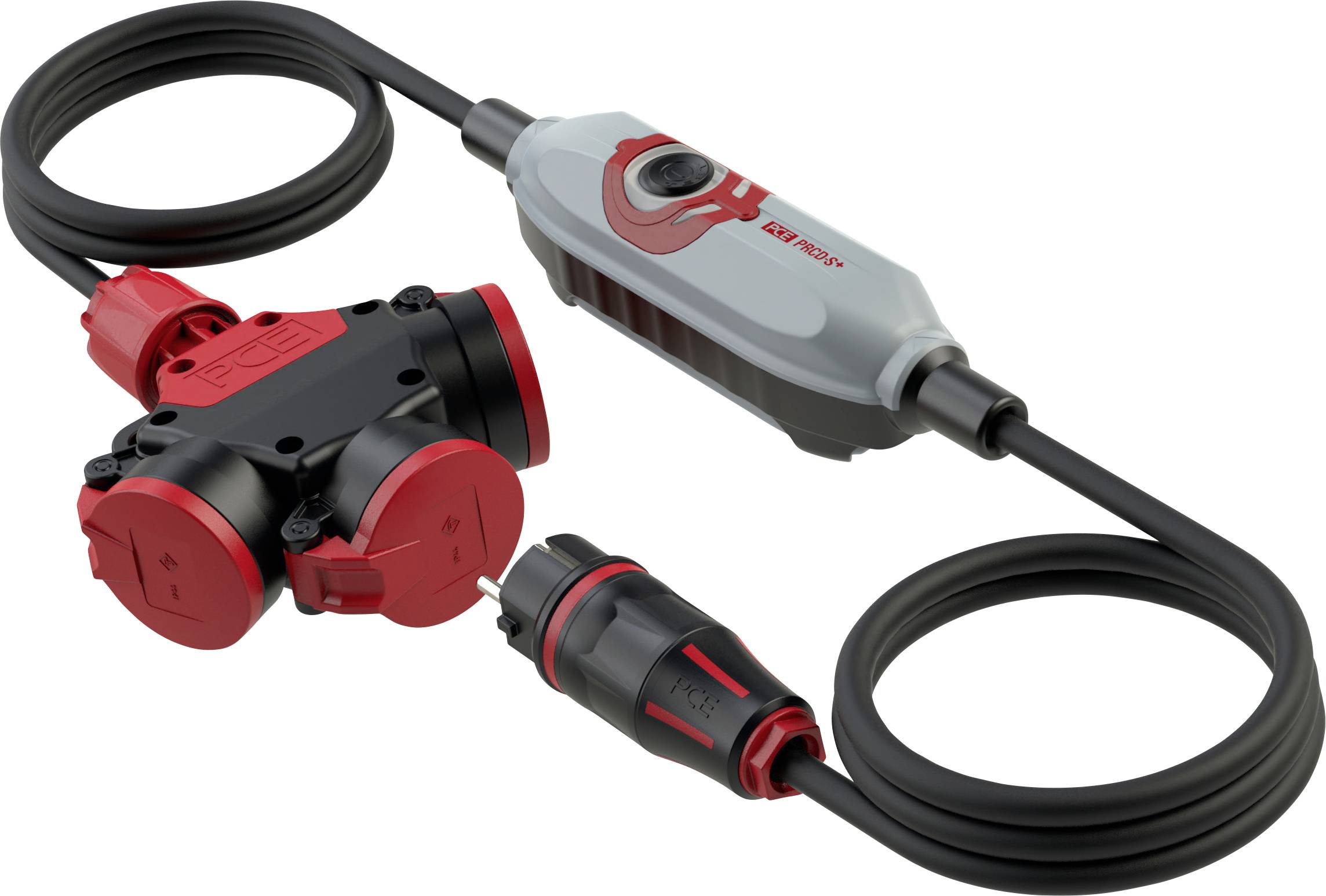 Electrical multi-socket power strip with switch, surrounded by black and red cables.