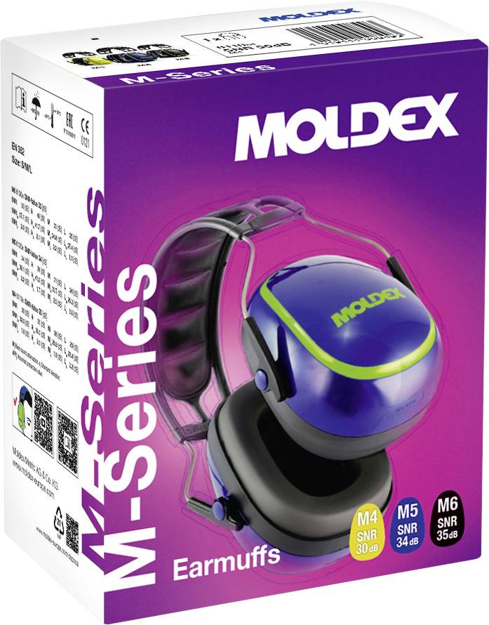 Moldex M-Series earmuffs packaging showing blue earmuffs with noise reduction ratings: M4 SNR 30 dB, M5 SNR 34 dB, M6 SNR 35 dB.