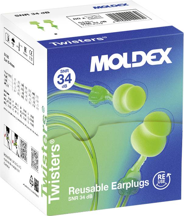 Box of Moldex Twisters Reusable Earplugs, SNR 34 dB, with green earplugs and blue stems.