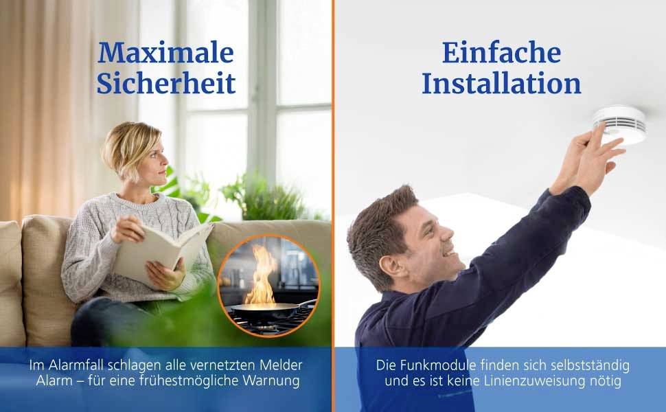 A woman reads on a couch near a lit fireplace, highlighting 'Maximale Sicherheit'. A man installs a smoke detector, emphasizing 'Einfache Installation'.