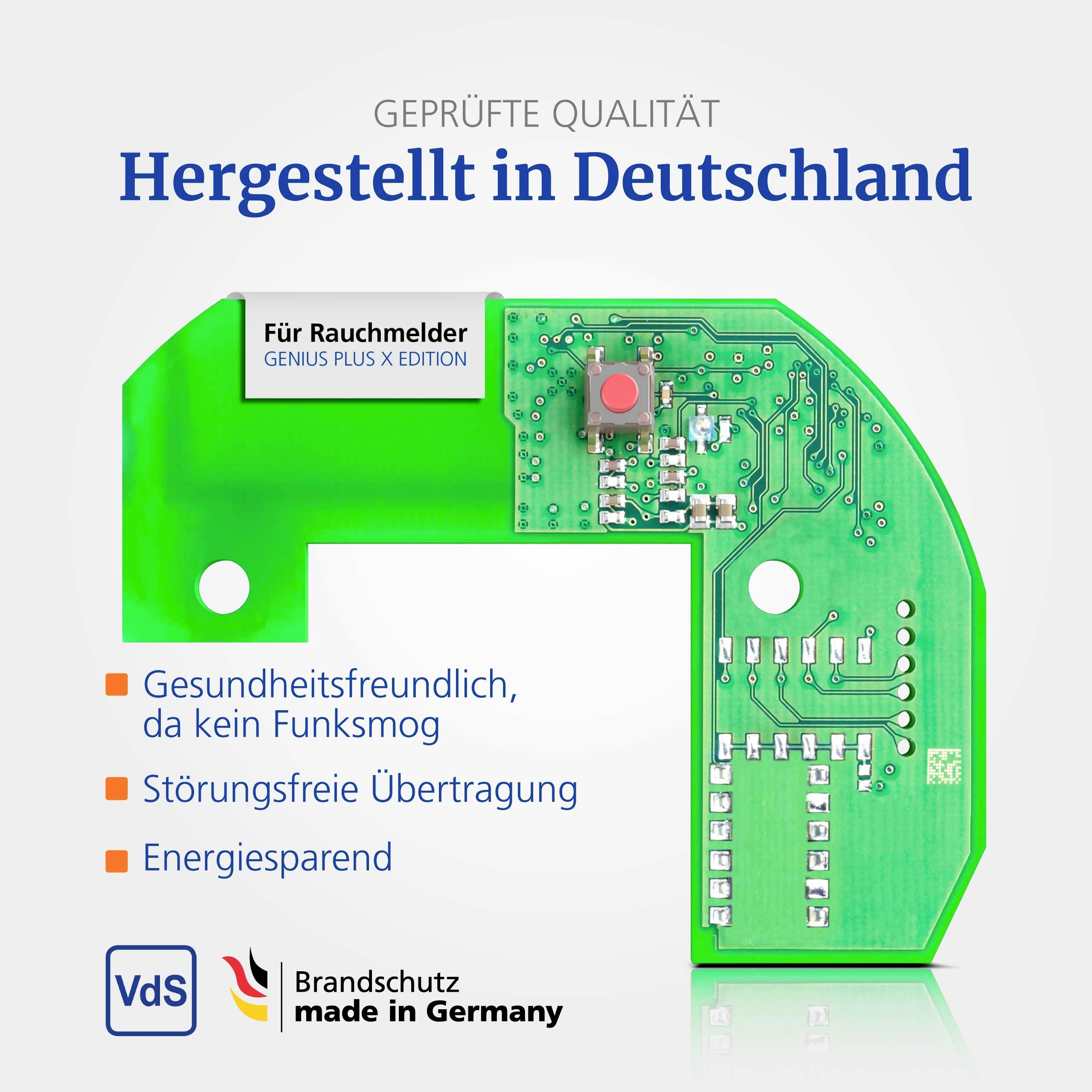 Electronic circuit board for smoke detectors. Text reads 'Tested quality, made in Germany. Health-friendly, interference-free, energy-saving.'