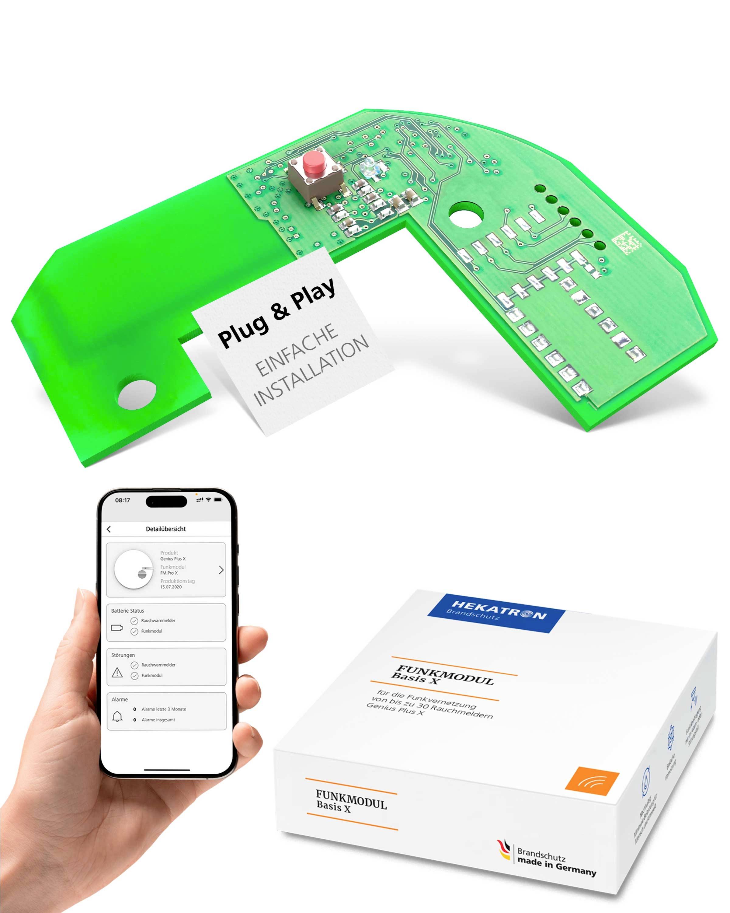 'Funkmodul Basis X' device with circuit board, plug and play feature, held by a hand, shown with a phone app interface and product packaging.