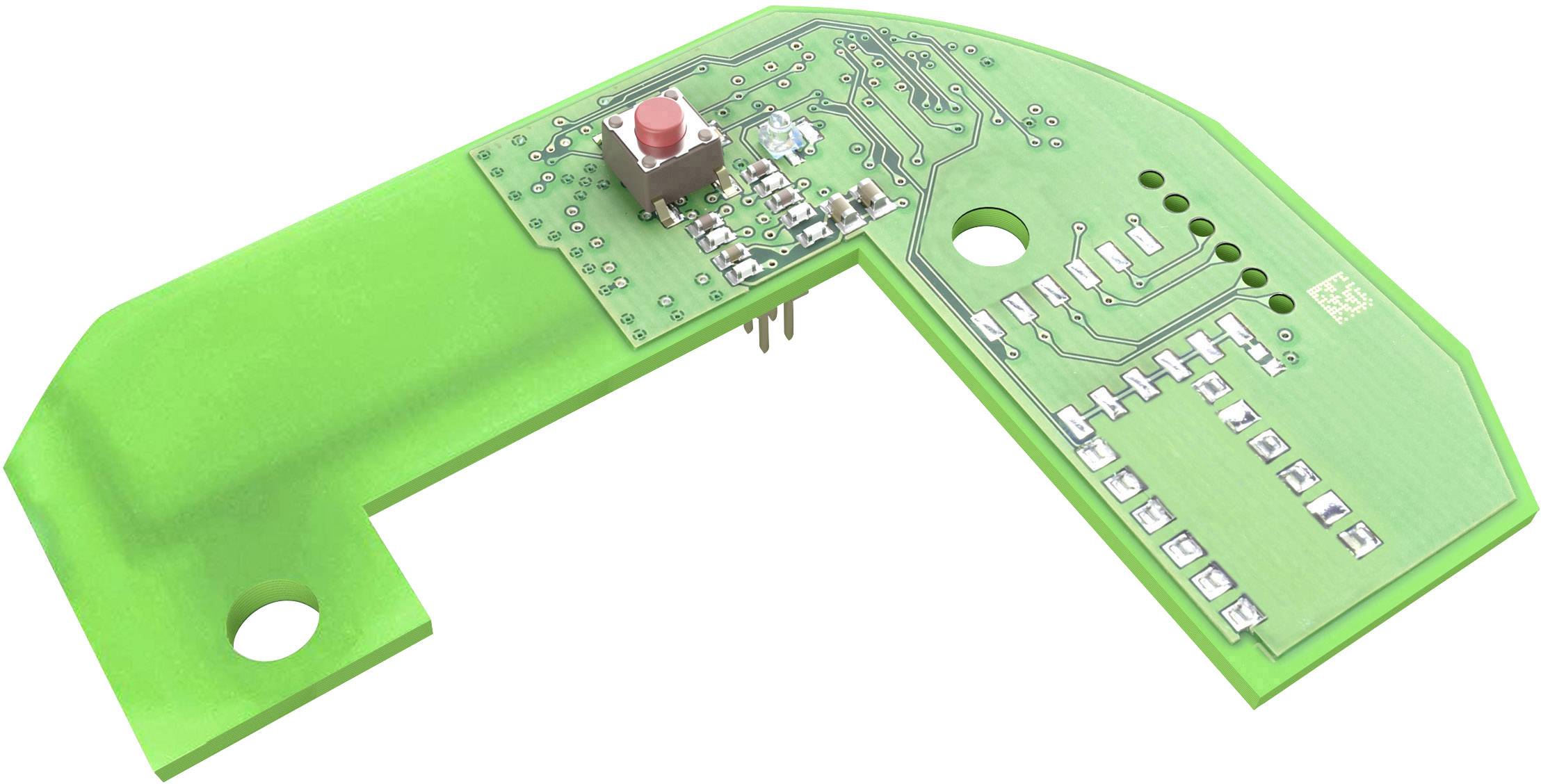 Green circuit board with a red button and several small electronic components, serving electrical circuits.