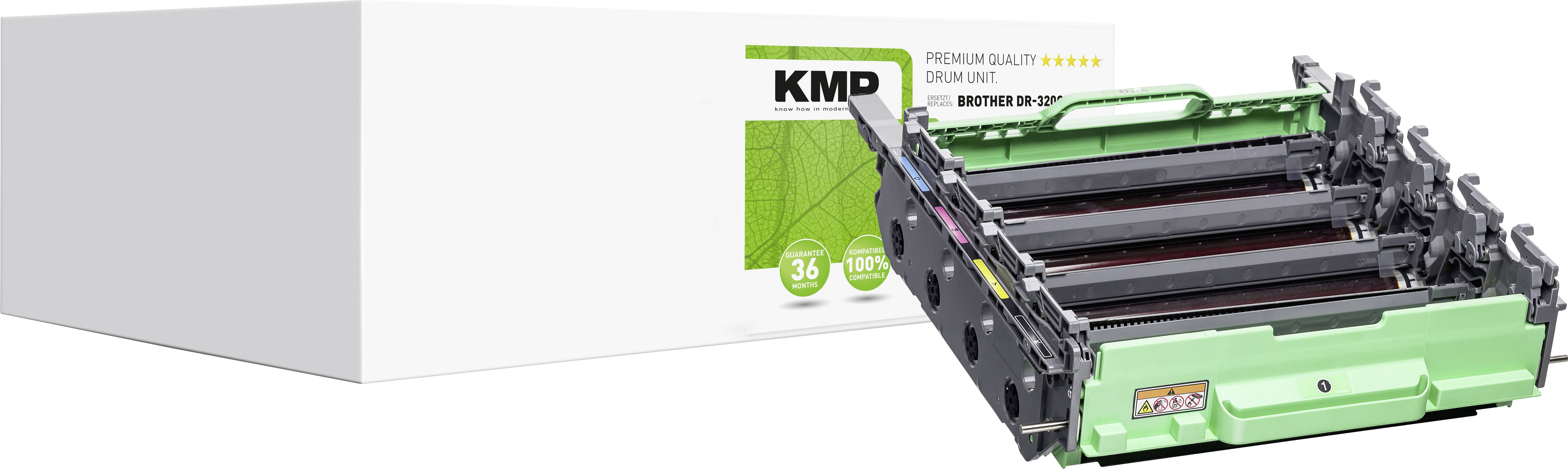 Printer cartridge, green and black, next to a white carton with a green inscription 'Premium Quality Drum Unit'.