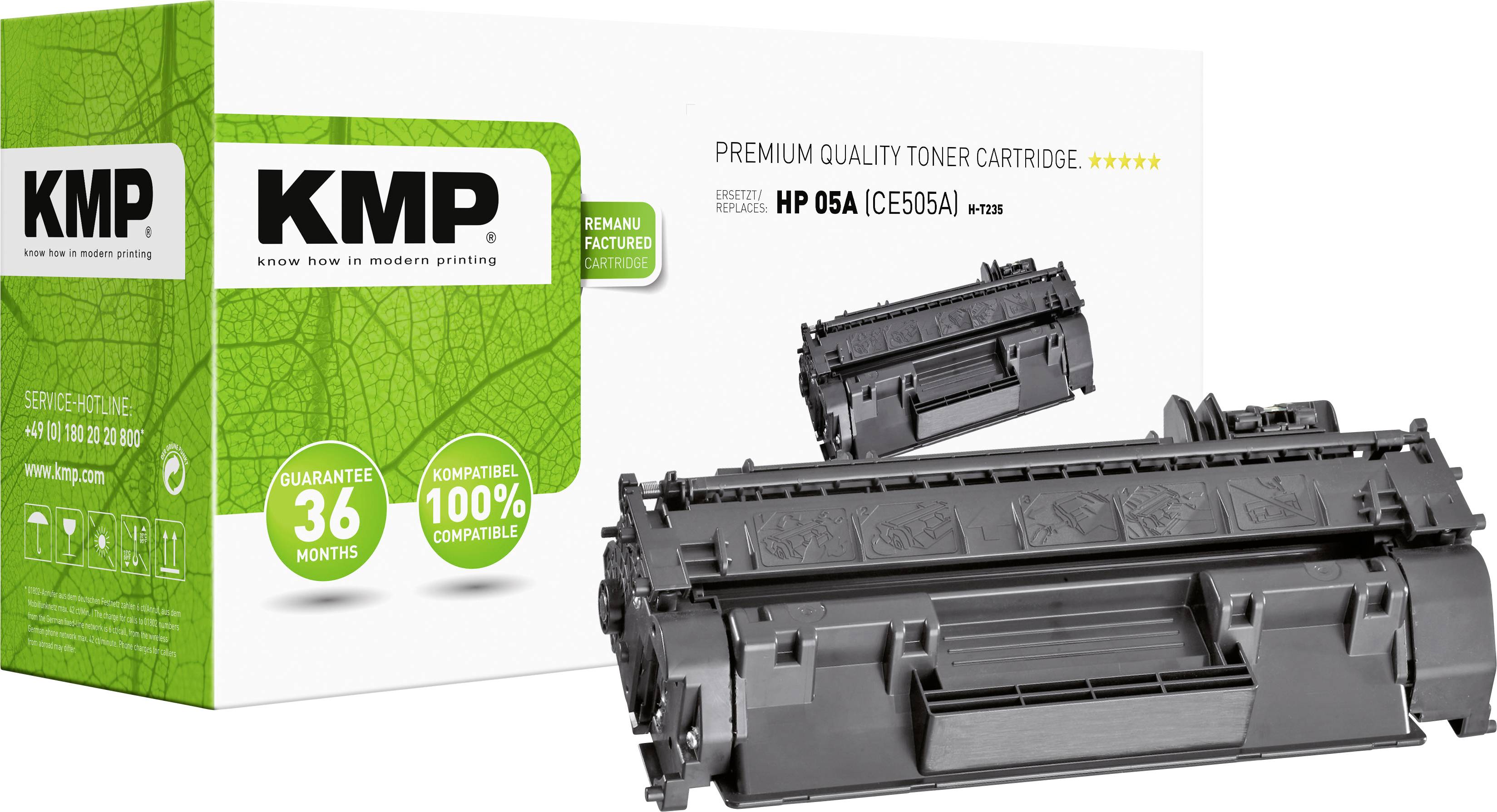 Toner cartridge for HP 05A (CE505A) by KMP, 100% compatible, 36-month warranty. Packaging features green leaf design.