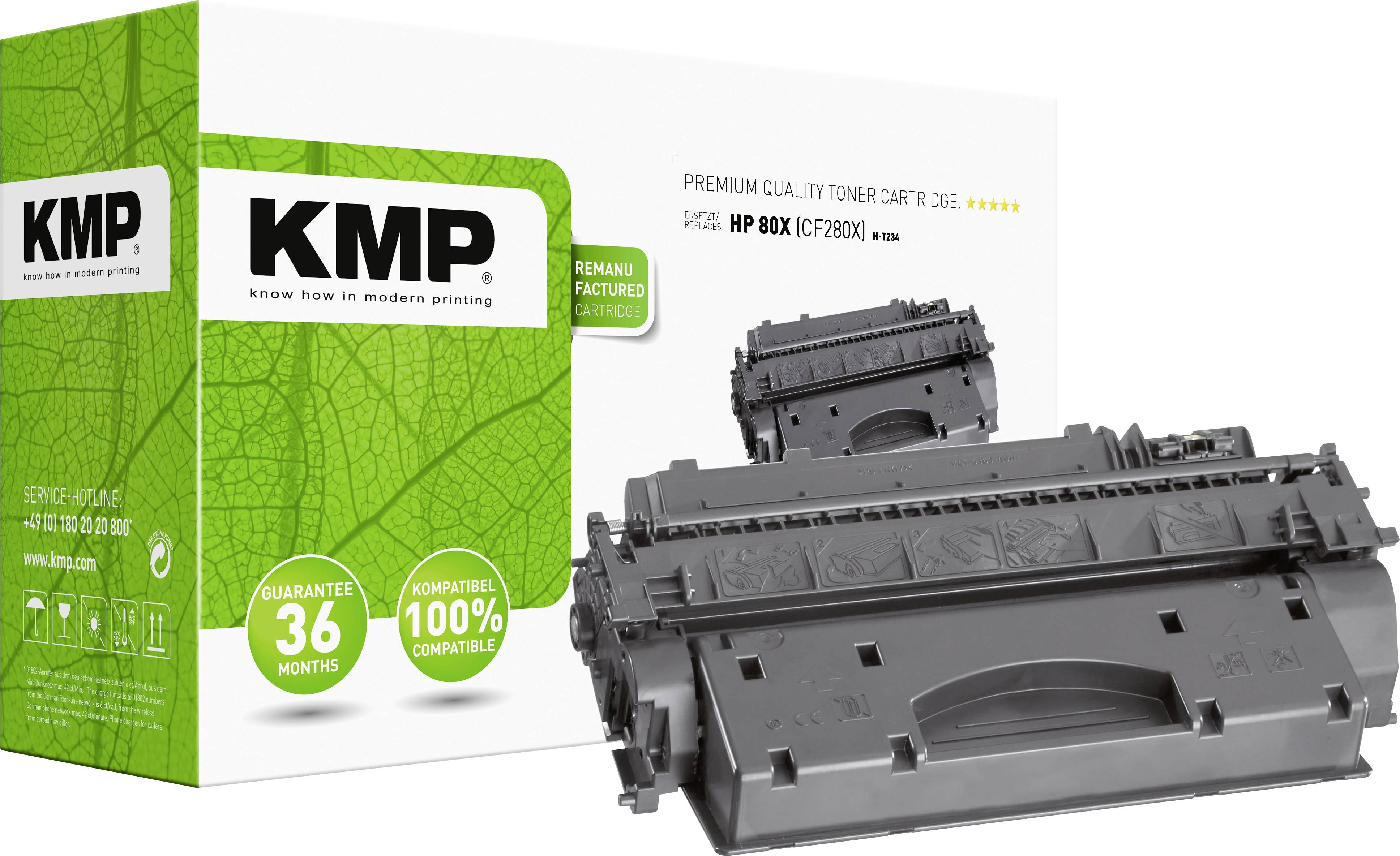 Toner cartridge and packaging by KMP, compatible with HP 80X. 36 months warranty, 100% compatible.