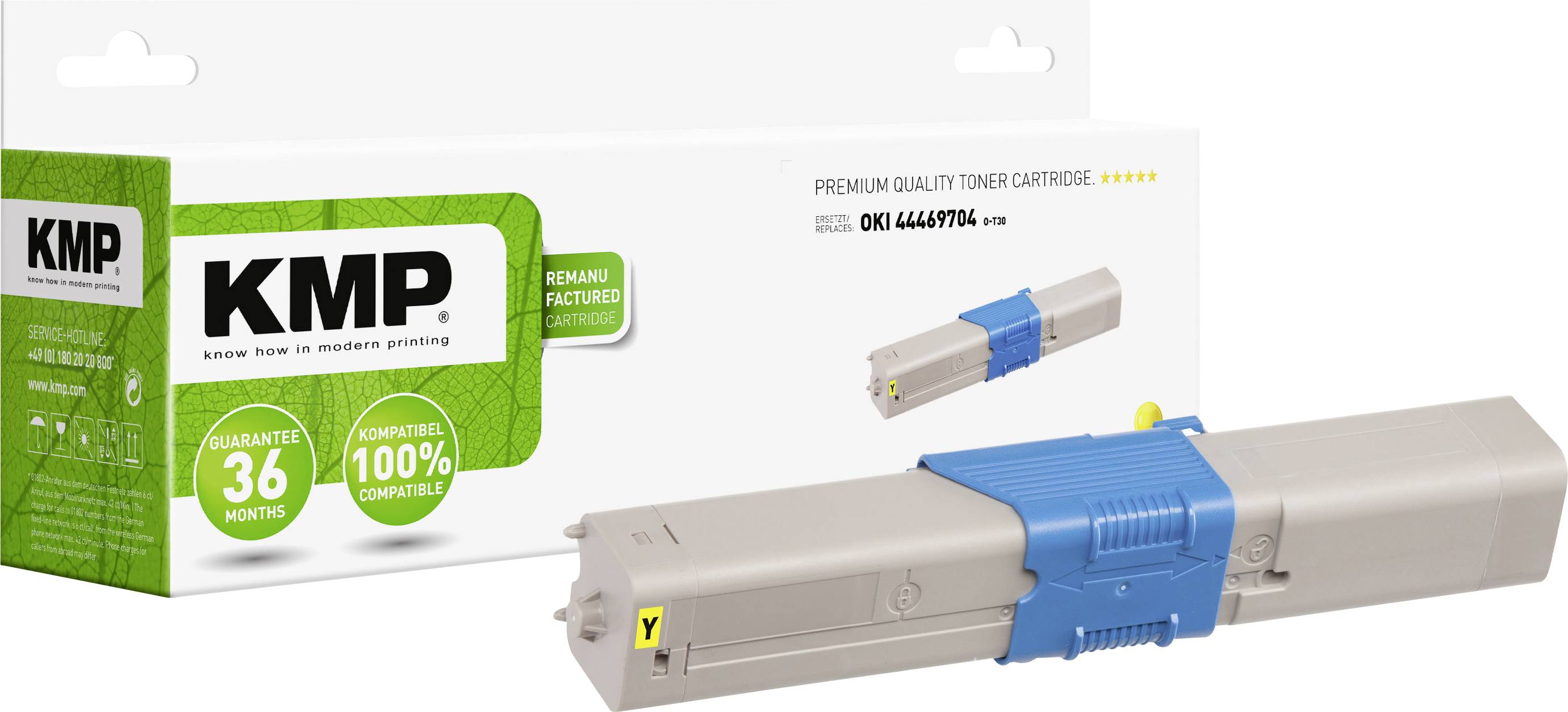 Toner cartridge by KMP for OKI printer, Model 44469706, beige and blue, with packaging. Packaging text: 'Premium Quality'.