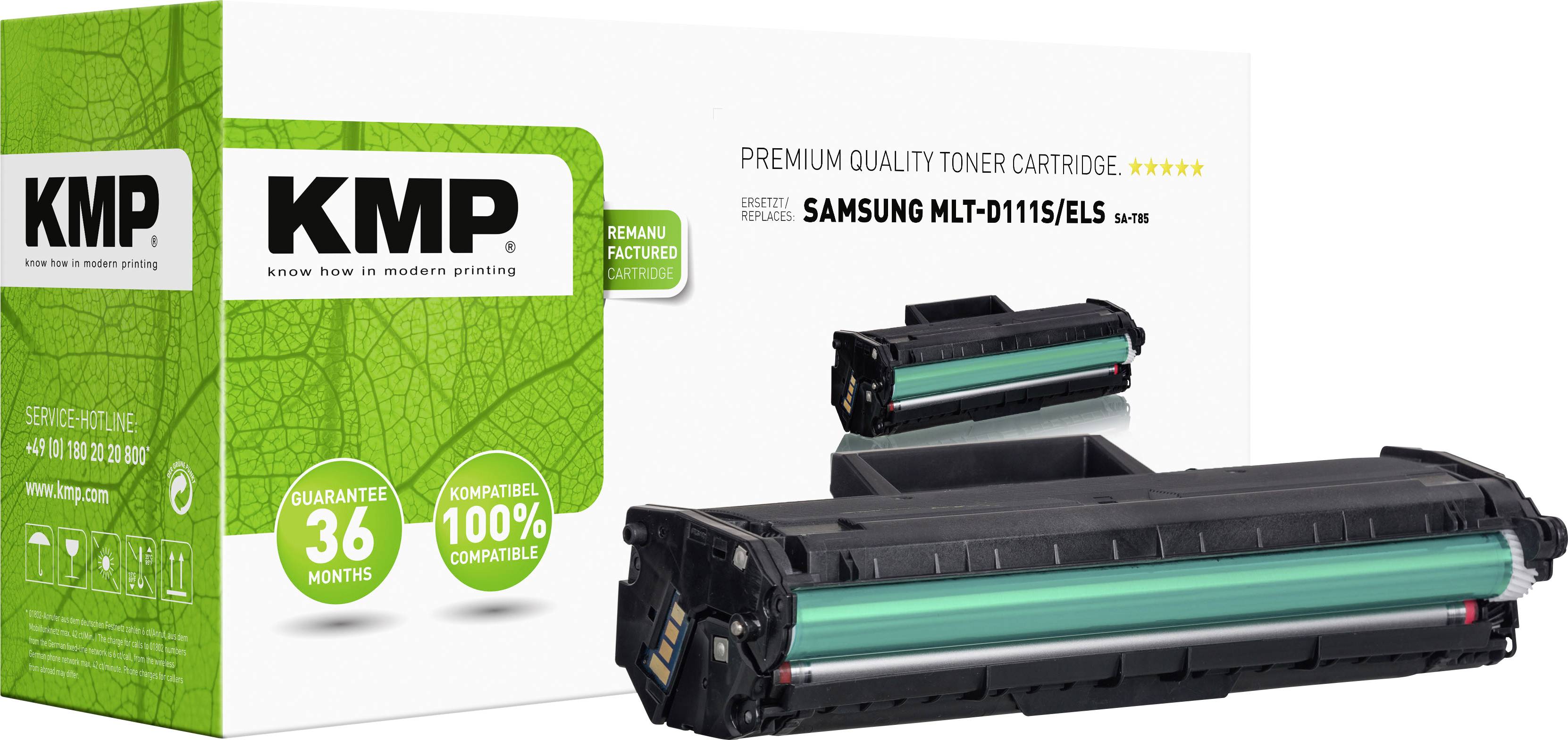 'KMP Toner Cartridge for Samsung MLT-D111S/ELS, 100% Compatible, 36 Months Warranty.' Packaging with image of the toner cartridge.