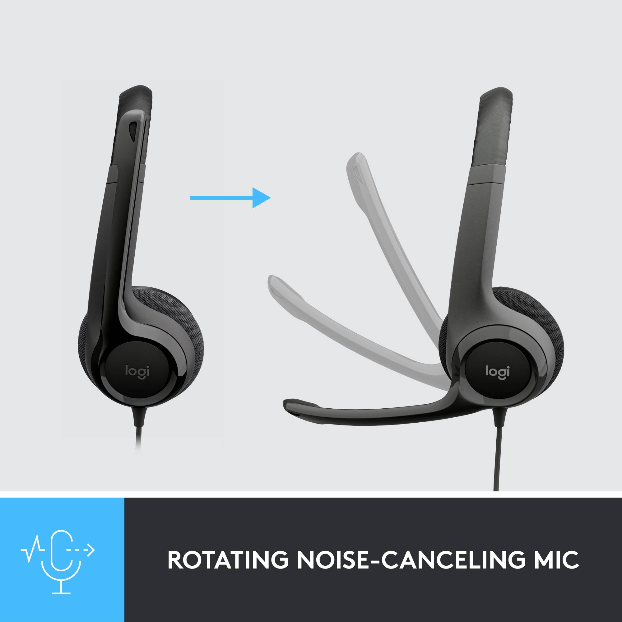 Dark headphones with a flexible boom microphone. Text underneath: BOOM-LESS MICROPHONE WITH NOISE CANCELLATION.