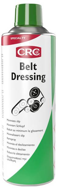 'CRC Belt Dressing' spray can with green cap. Label shows gears and states it 'Minimizes slip' in multiple languages.
