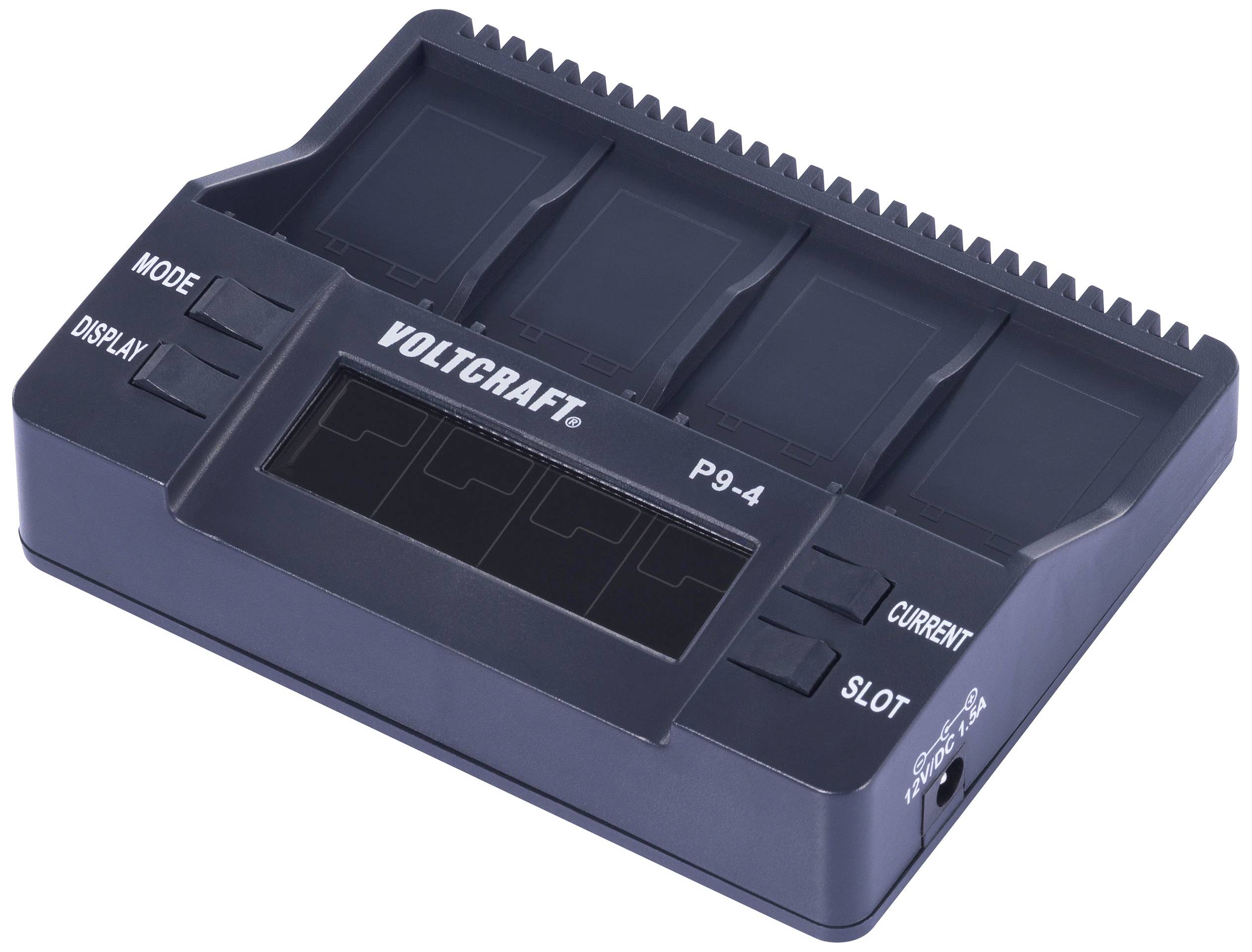 Multi-slot battery charger Voltcraft P9-4 with multiple charging points, display and mode selection for simultaneously charging different battery types.