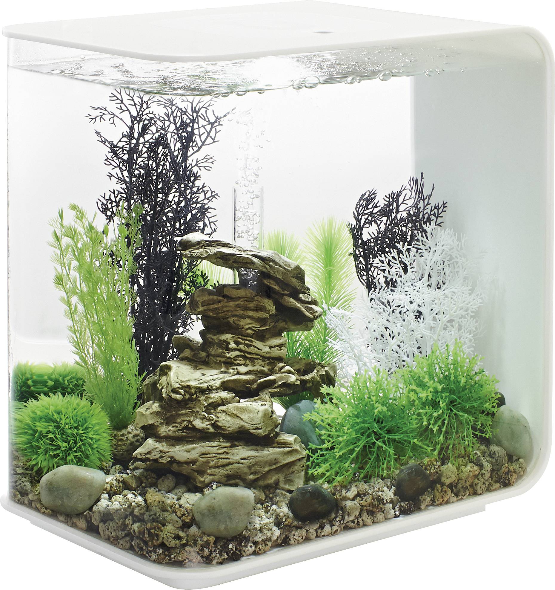 A small, decorative aquarium with green plants, black and white corals, and rocks arranged inside.