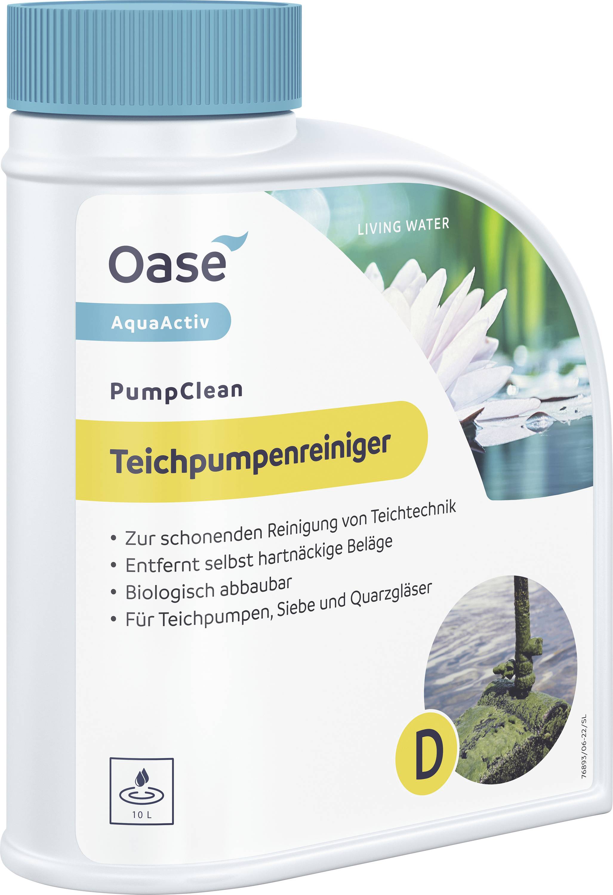A bottle labeled 'Teichpumpenreiniger' for cleaning pond pumps, with features including gentle cleaning and biodegradable formula.
