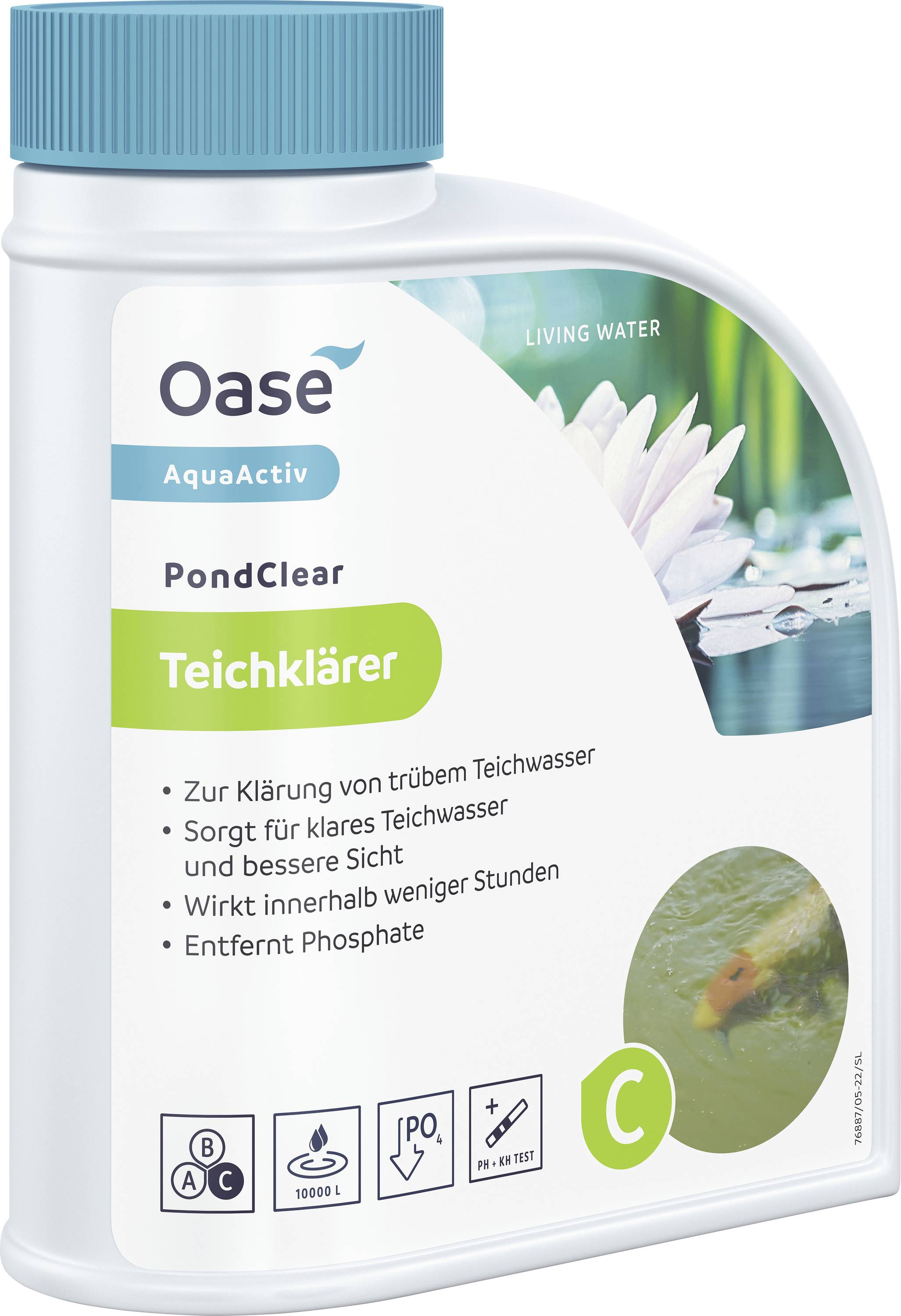 A bottle of Oase AquaActiv PondClear Teichklärer shown, labeled for clearing murky pond water and improving clarity within hours.