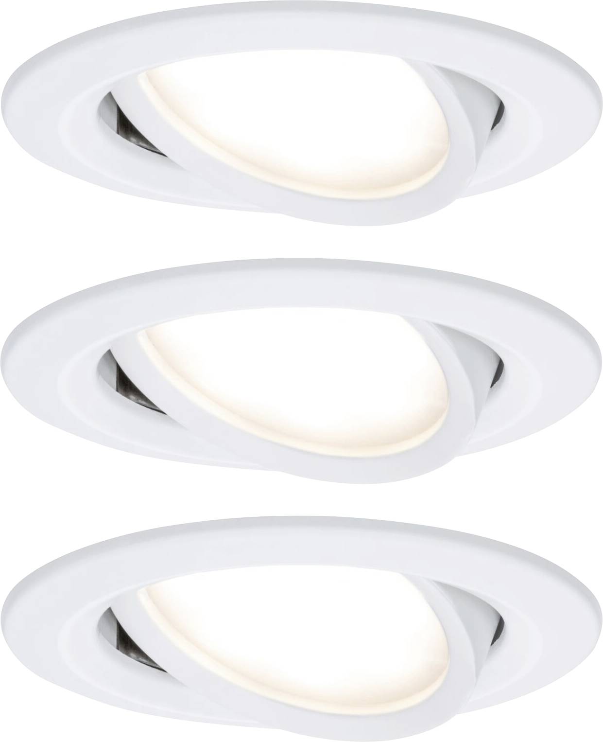Three white recessed spotlights, mounted at an angle, with warm light. Ideal for modern interior lighting.