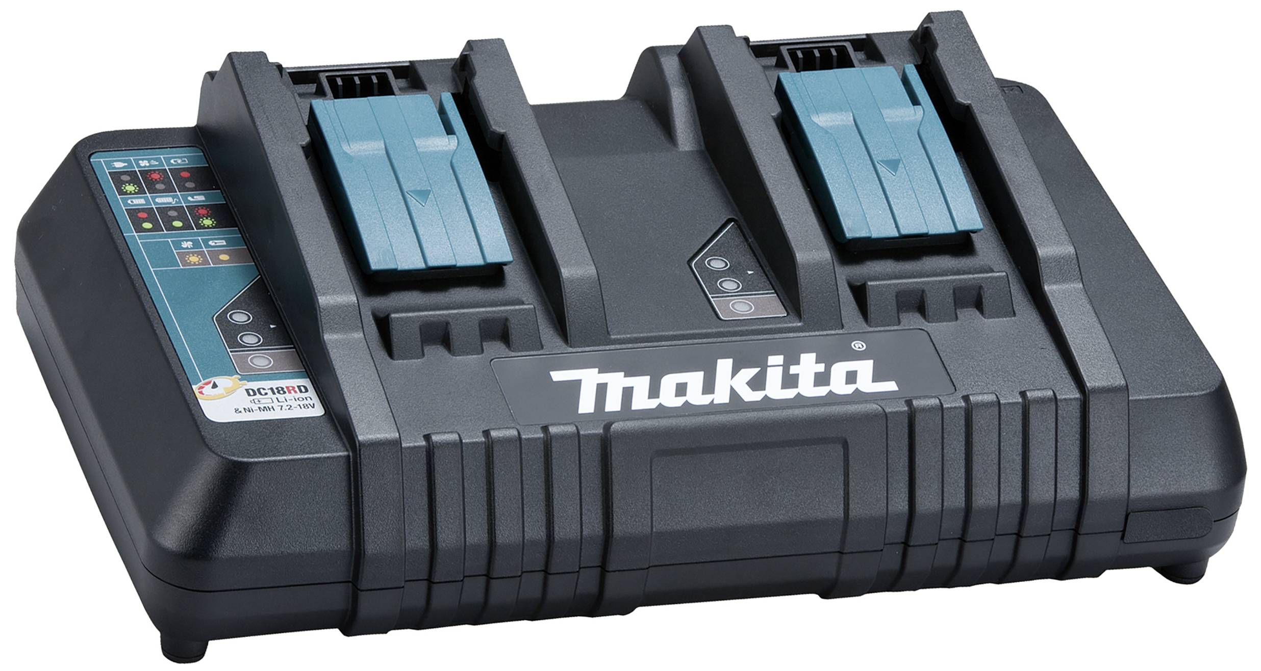 Dual charger by Makita, model DC18RD, with LED indicators for battery charge status and two charging slots.