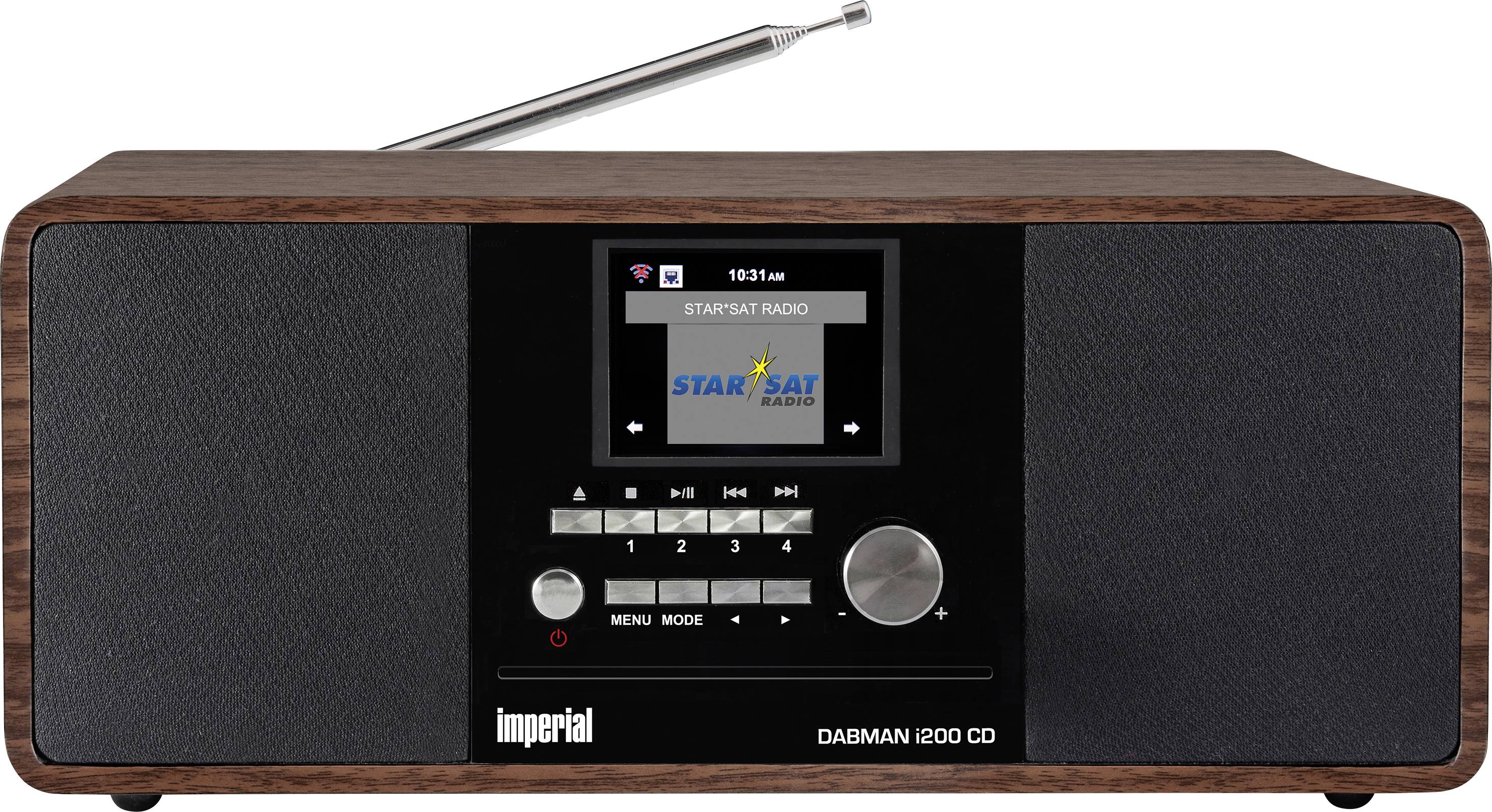 A wooden-framed table radio with display showing 'StarSat Radio' station, control buttons and antenna, model 'Imperial Dabman i200 CD'.