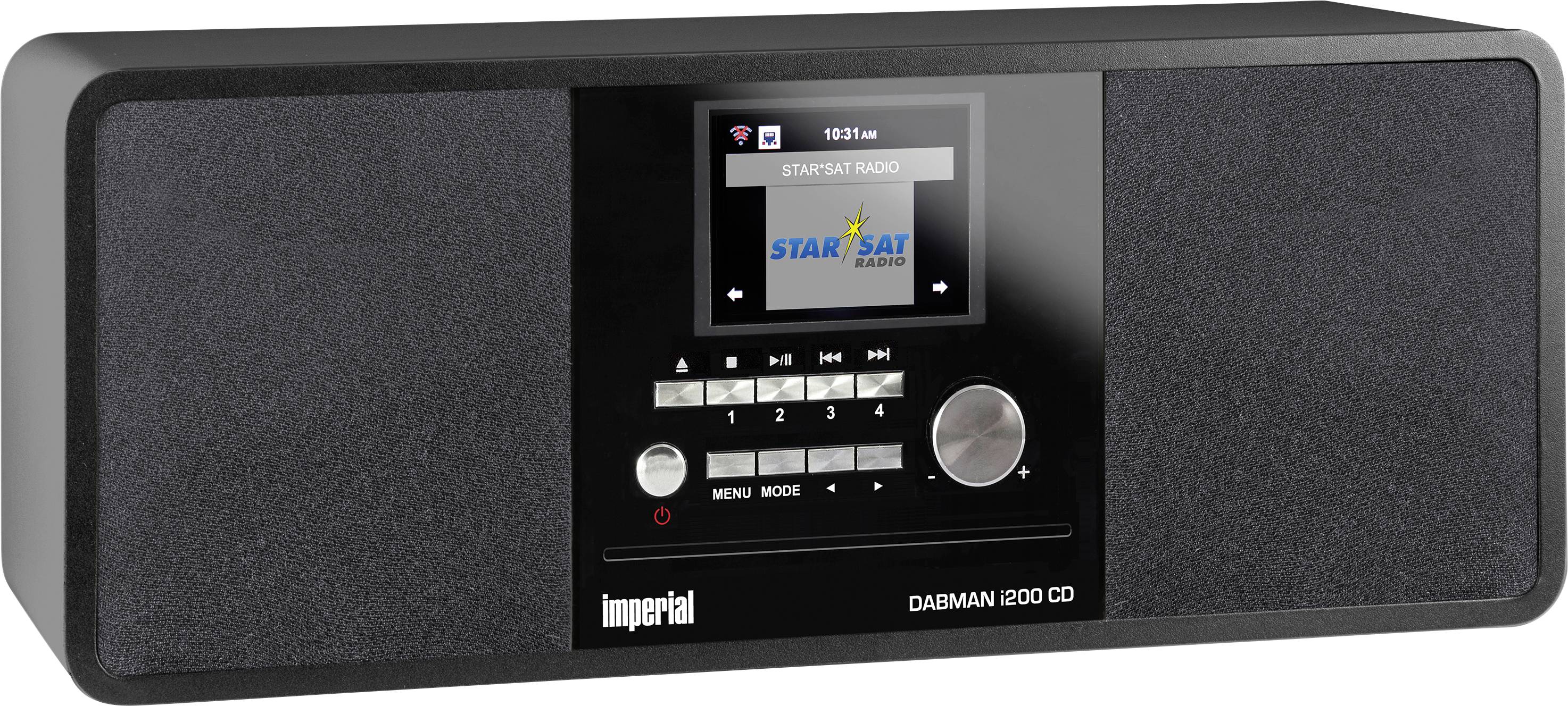 Digital radio with speakers, display in the centre showing 'Star Sat Radio'. Control buttons underneath. Brand: Imperial DABMAN 200 CD.
