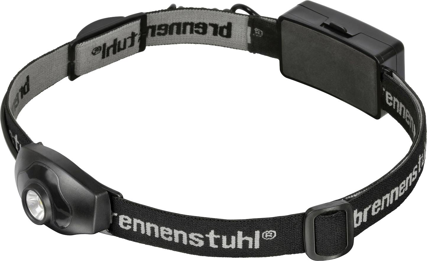 Black adjustable headlamp with elastic strap and side-mounted light, branded 'brennenstuhl'.
