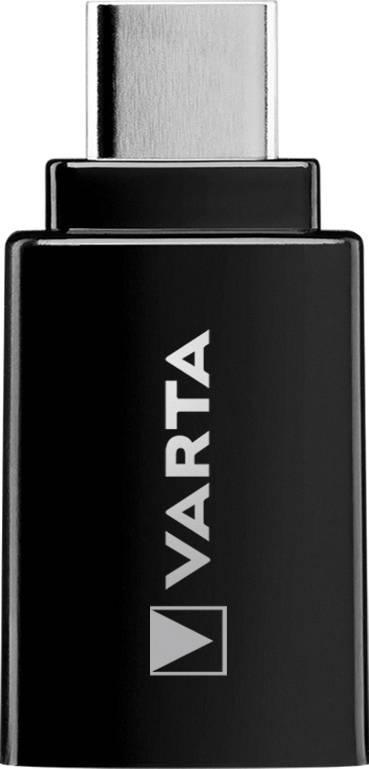 'VARTA' USB-C Adapter, schwarz, vertikal orientiert, mit silbernem Stecker oben.