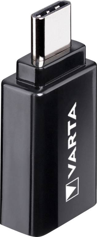 A black USB-C adaptor with 'Varta' printed on the side. The adaptor is compact and rectangular.