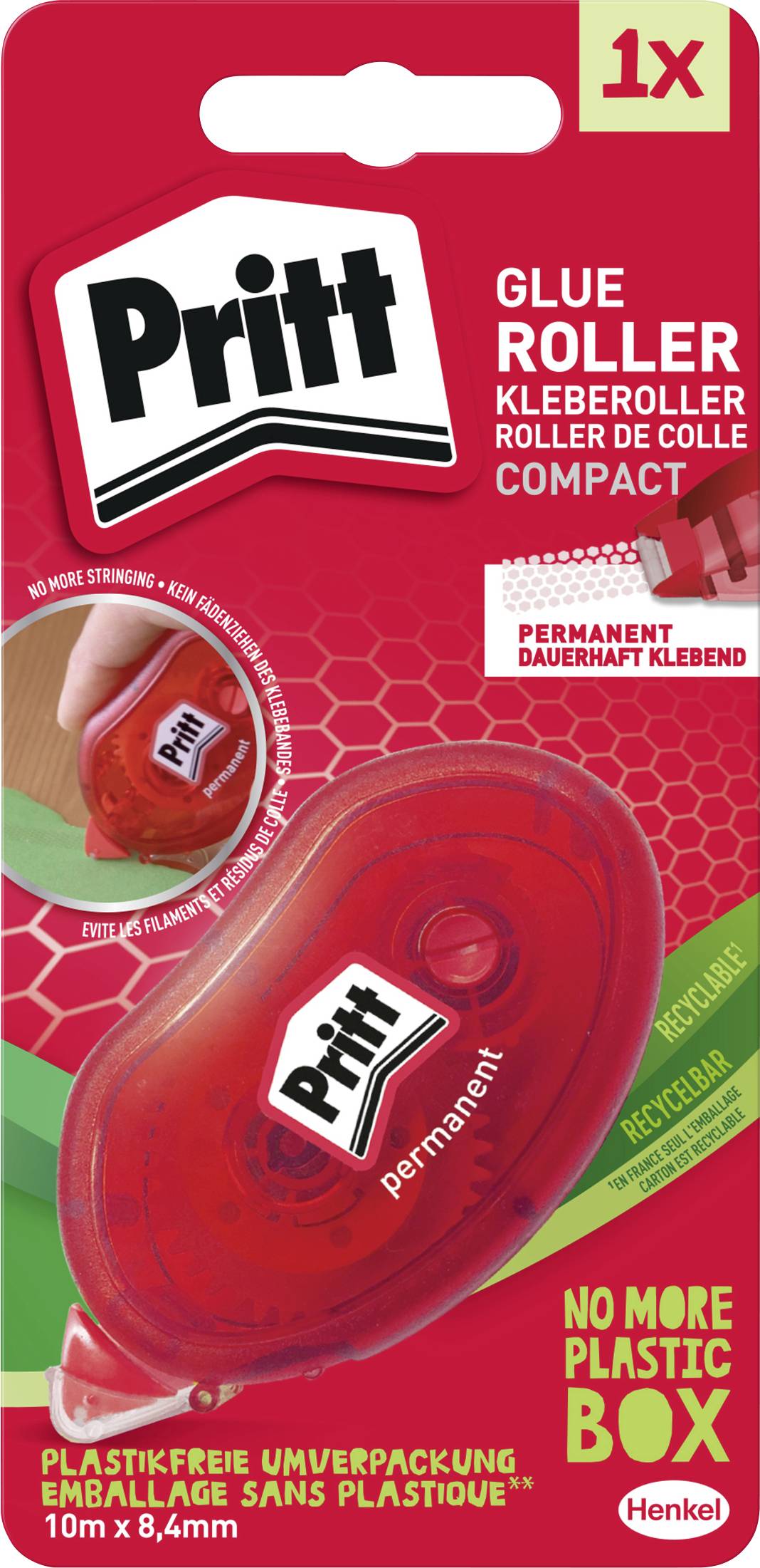 Pritt Glue Roller package with red compact design. Text highlights 'permanent adhesive', 'no more plastic box', 'plastic-free packaging'.