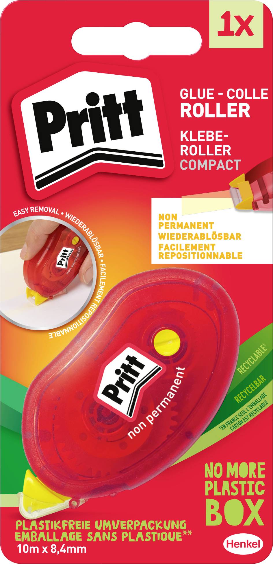 Pritt glue roller package featuring a red, compact design. Labeled as 'non-permanent,' '1x,' and 'plastic-free packaging.'